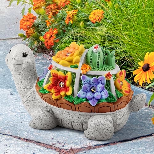 Miniatura 8 de LESES Estatuas de jardín, estatua solar de tortuga, decoración de jardín, bonitas figuras de tortuga con bebé y 7 luces solares LED, decoraciones