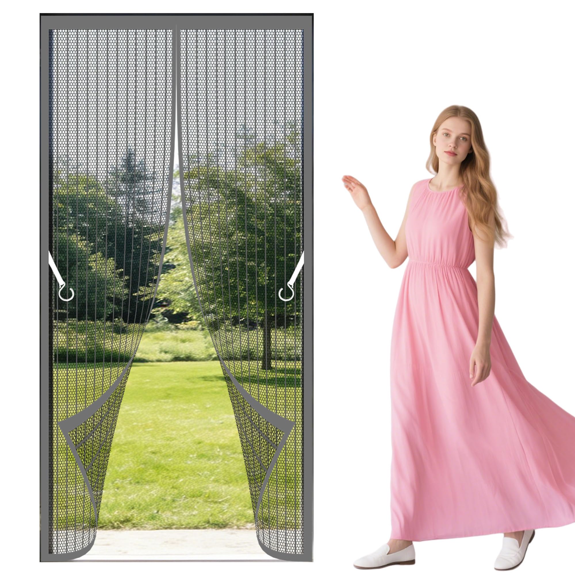 Fly Screen Door 95 x 194 cm No Drill Installation Insect Mesh Keeps Flies Mosquitoes Out Suitable for Balcony, Terrace, Cellar, Bedroom and Sliding Room, Grey