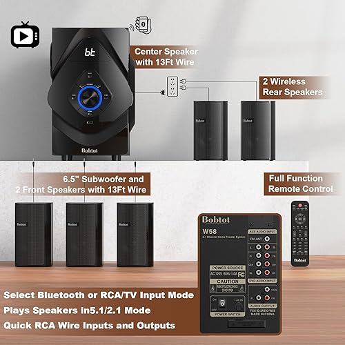 Miniatura 5 de Bobtot Sistemas de sonido envolvente Altavoces satelitales traseros inalámbricos - Subwoofer de 800 W 6.5 pulgadas Sistemas de cine en casa de