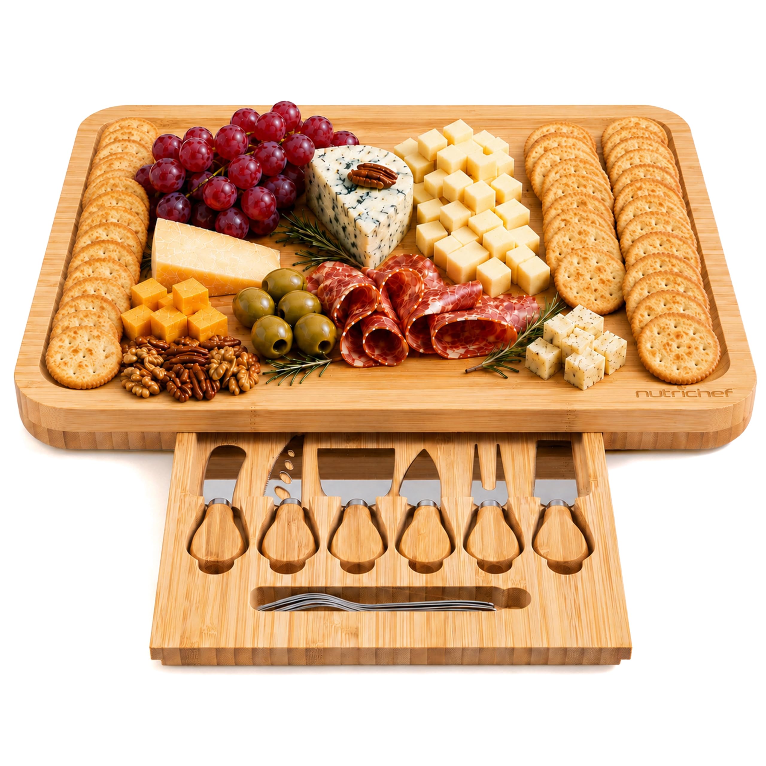 NutriChef Plateau à Fromage Bambou – Planche Apéro XL, 6 Couteaux Inox Bois