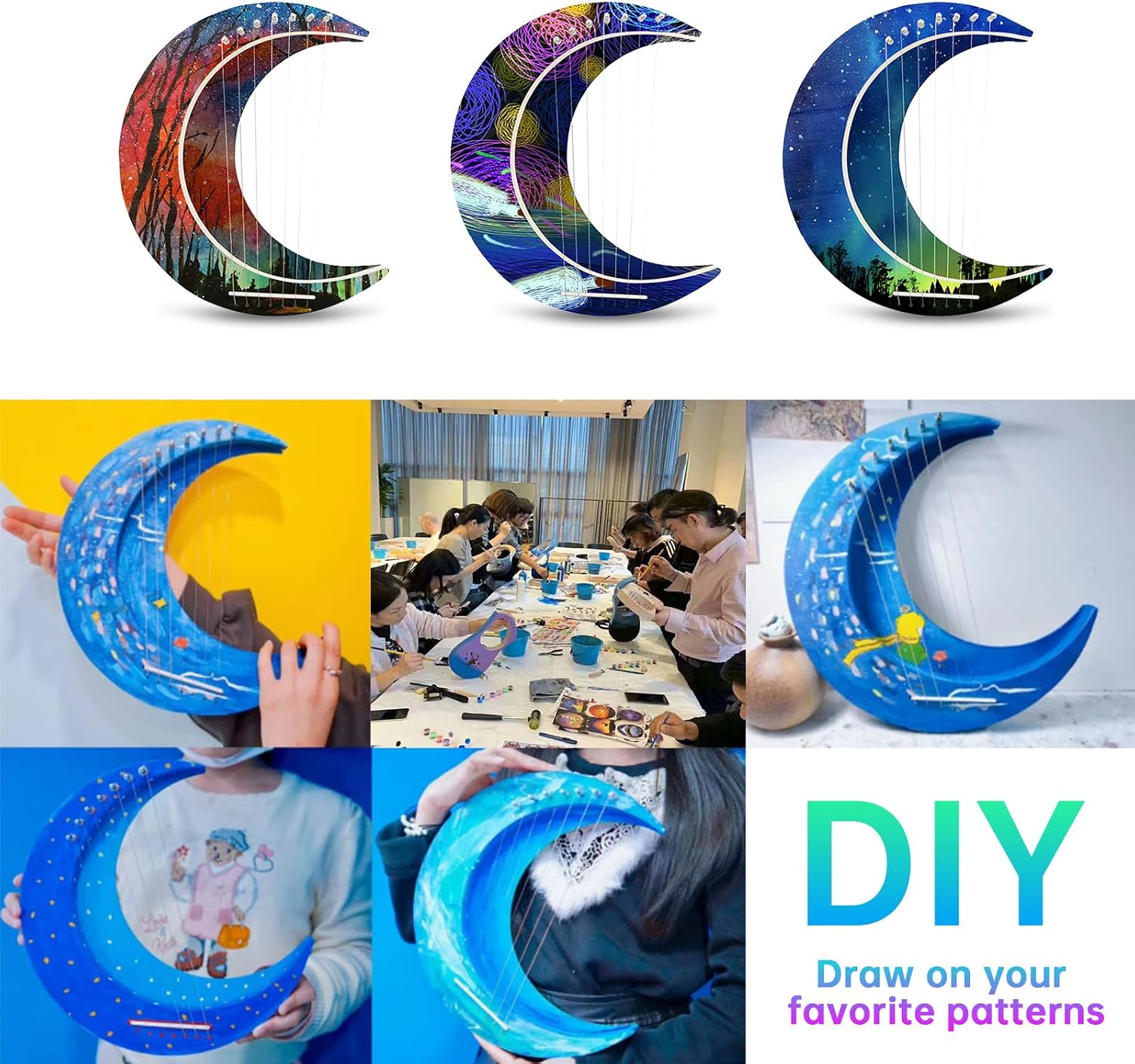 Lyre Harp 7 String DIY, Moon Shaped Lyre Harp Musical Instrument, Wood String Instruments, Make Your Own Basswood