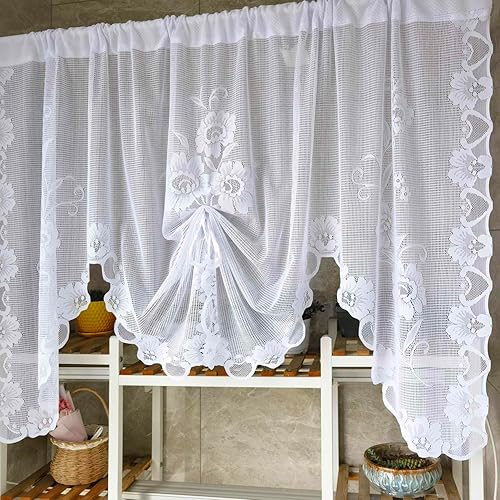 Miniatura 3 de 1 panel de cortina de encaje transparente con bordado floral blanco, cenefa de cortina de estilo princesa bordada en cascada para cocina, baño,
