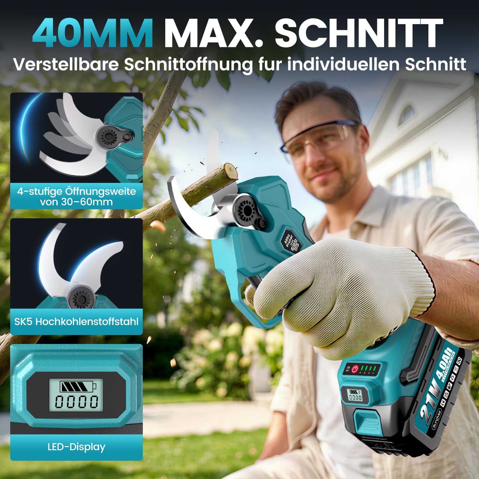 Potatore a batteria 4 in 1, compatibile con batteria Makita, mini motosega senza spazzole da 6 pollici e batteria da 40 mm, 2 x 4,0 Ah, portata massima fino a 4 m, per potatura di alberi da giardino