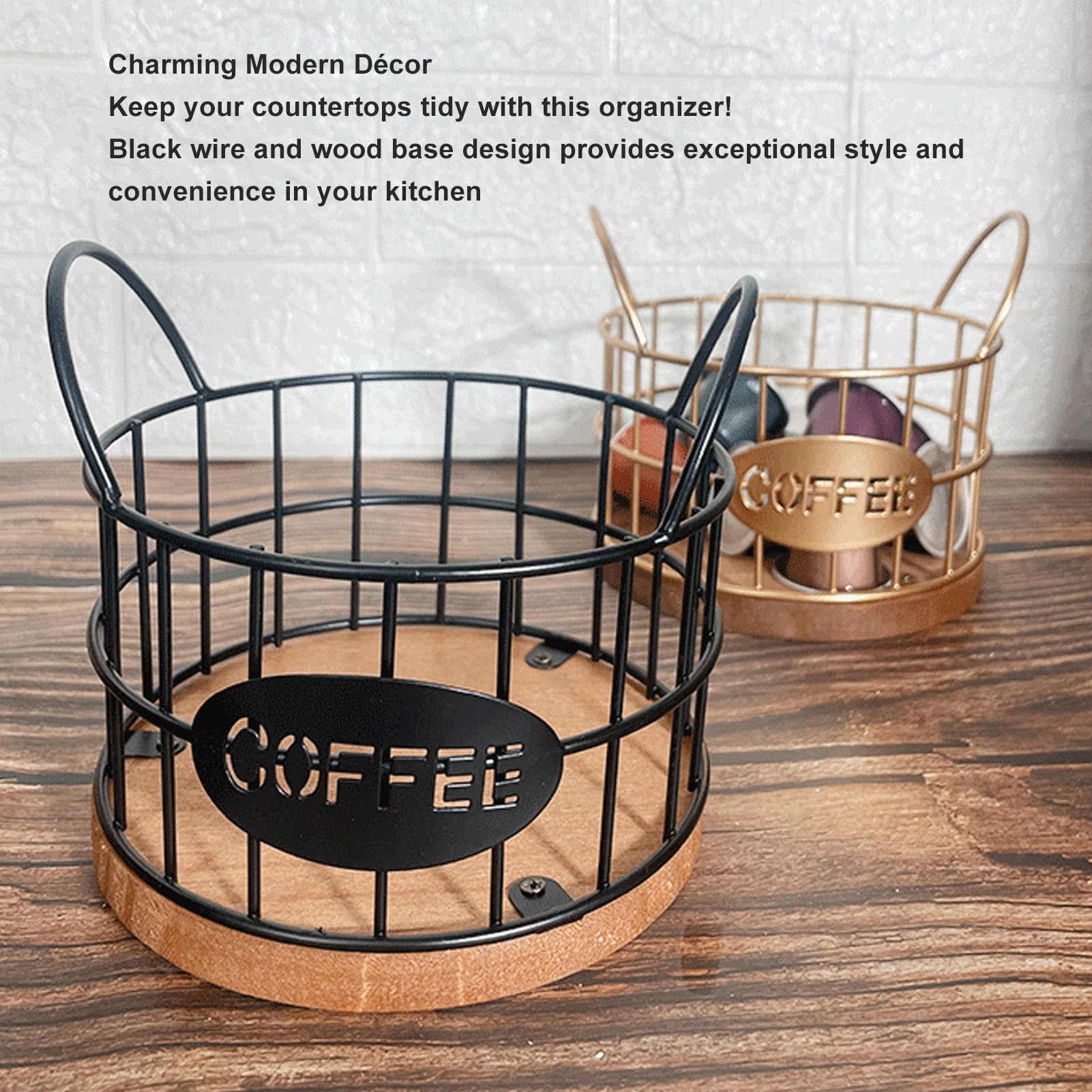 AYNEFY Coffee Capsule Holder Sturdy Metal Construction, Spacious Coffee Pod Basket for Home Office, Wooden Base, Scratch Proof Design, Capacity 10pc, Iron and Log Material, 4.7x5.1in