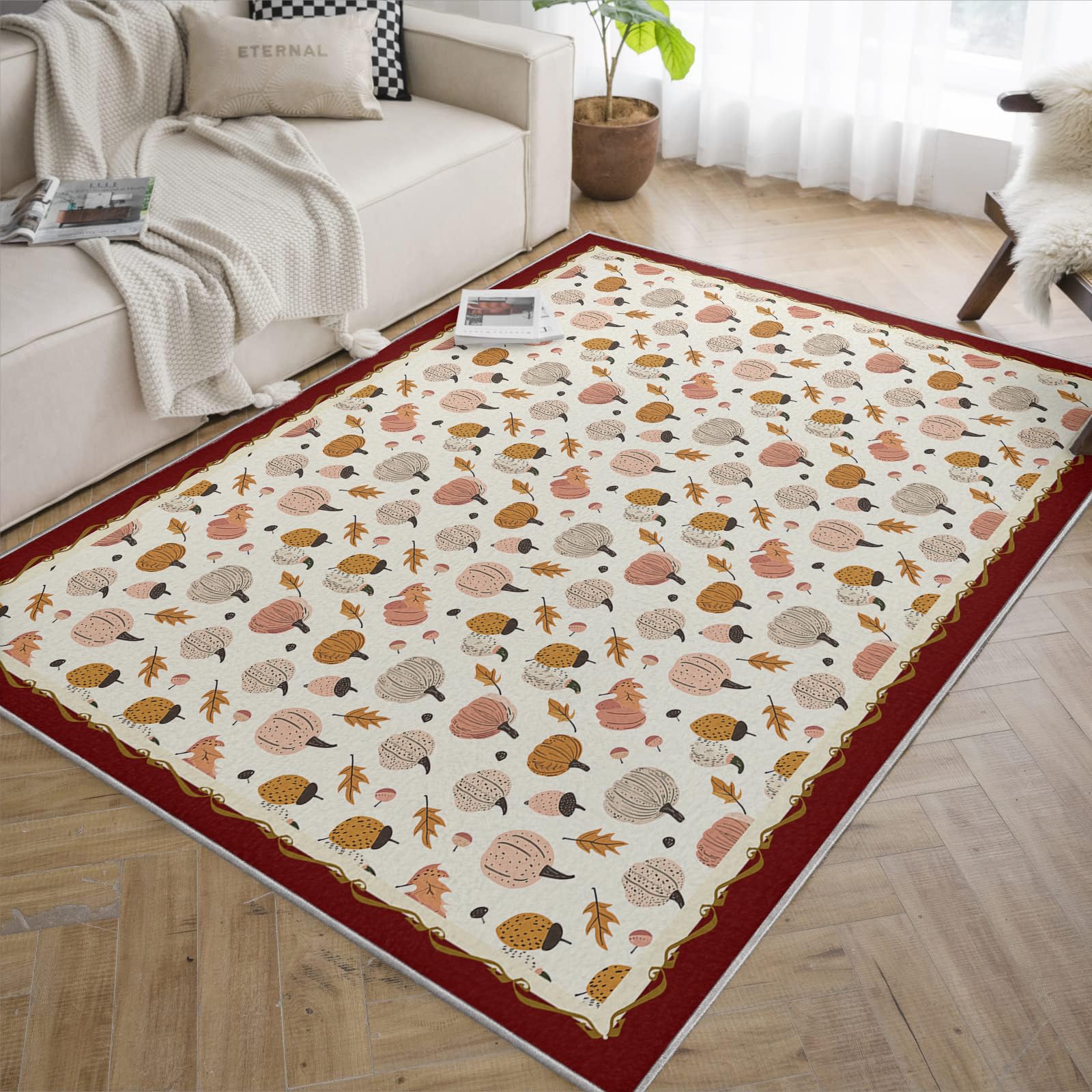 Cartone animato Autumn Pumpkin Area Carpet 140x180cm Foglie arancioni rosa su bordo color crema rosso Tappeto a pelo basso lavabile per l'arredamento autunnale del soggiorno cucina e della nursery