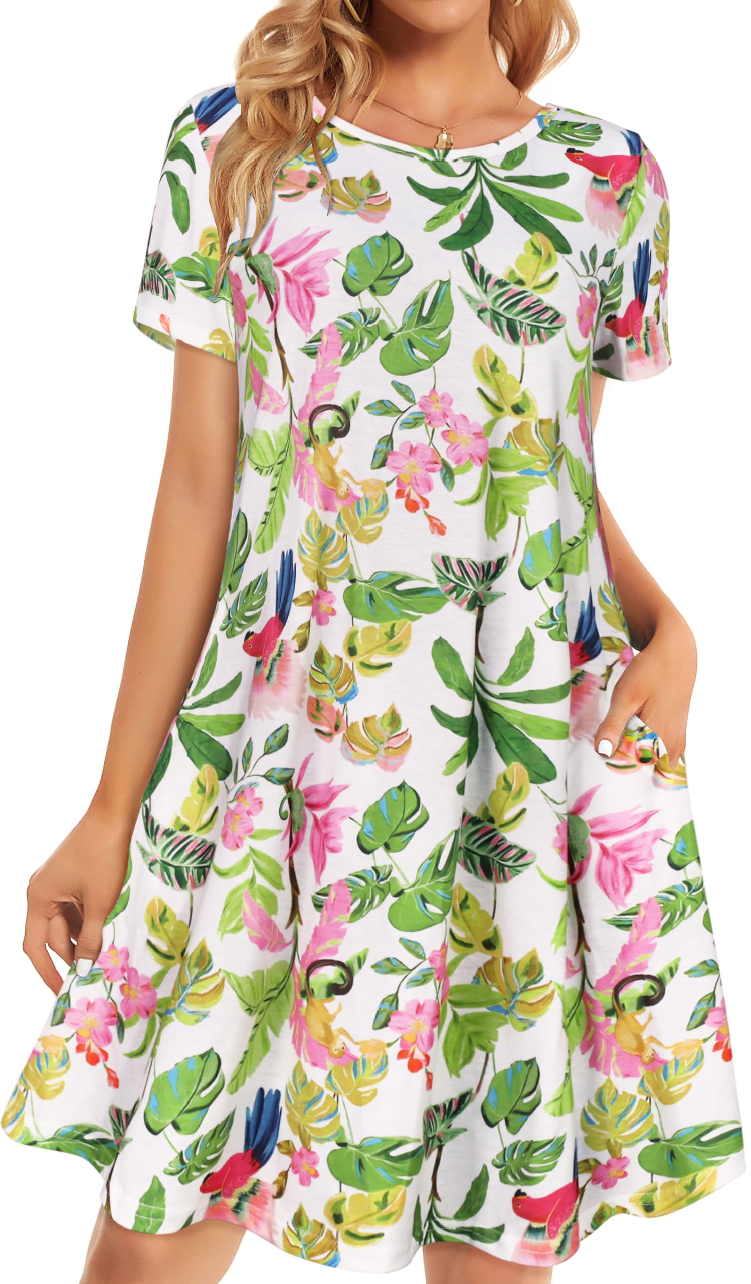 Womens Summer Dresses Beach Casual Loose Tshirt Floral Short Sleeve Flowy Pockets Sundresses