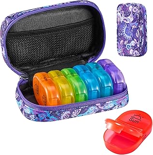 Serfeymi Pill Boxes 7 Day 2 Times a Day AM PM Medicine Organiser Weekly Tablet Organiser Rainbow Pill Box with Portable Zipper Canvas Pill Case for Pills, Supplement, Fish Oils, Vitamin- Purple 01