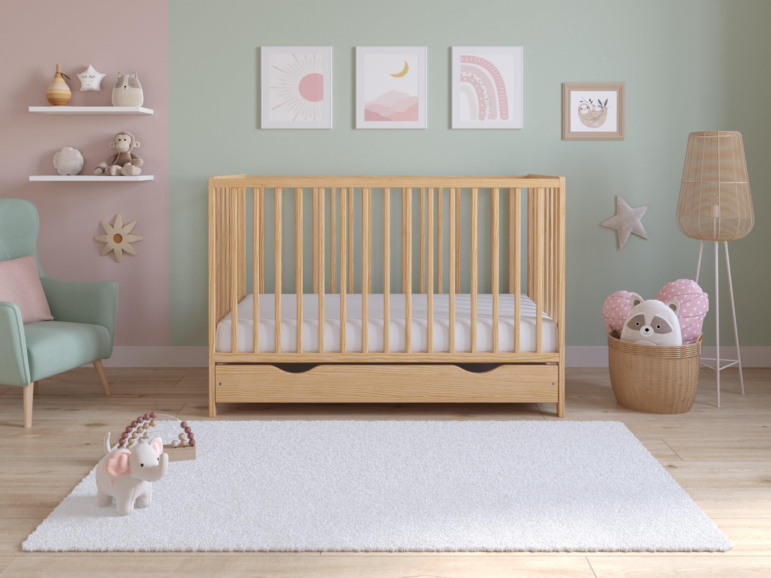 Love For Sleep ASHER Lettino per Neonati 120x60 cm con Materasso in Schiuma di Microfibra Trapuntata – Lettino in Legno Convertibile in Letto per Bambini con Ampio Pino Naturale