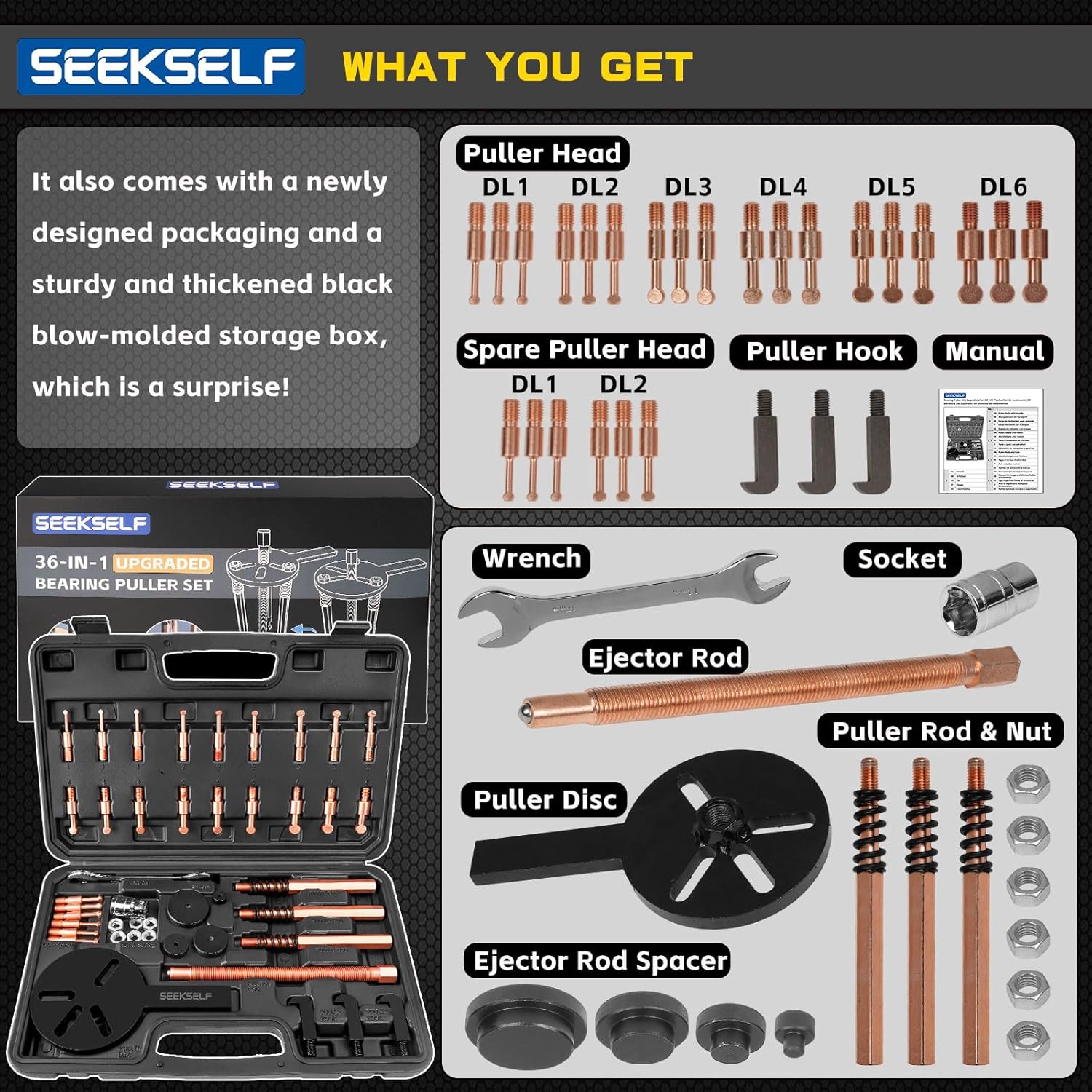 Blind Hole Bearing Puller Kit, 36 in 1 Inner Outer Bearing Separator Set Internal External Bearing Removal Gear Splitter Pull Tool, Black Storage Box