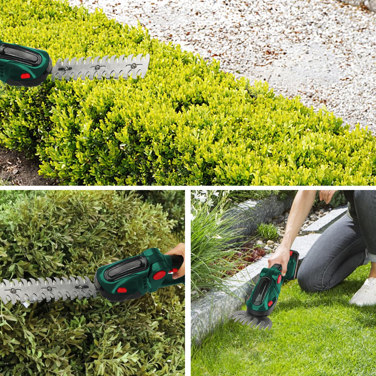 Akku Heckenschere, 21V Elektrische Grasschere, 2-in-1 Strauchschere & Rasenkantenschere mit 4,0Ah Akku, 23cm Heckenschermesser & 12cm Grasmesser, für Garten, Hecken, Büsche, Rasen (Grün)