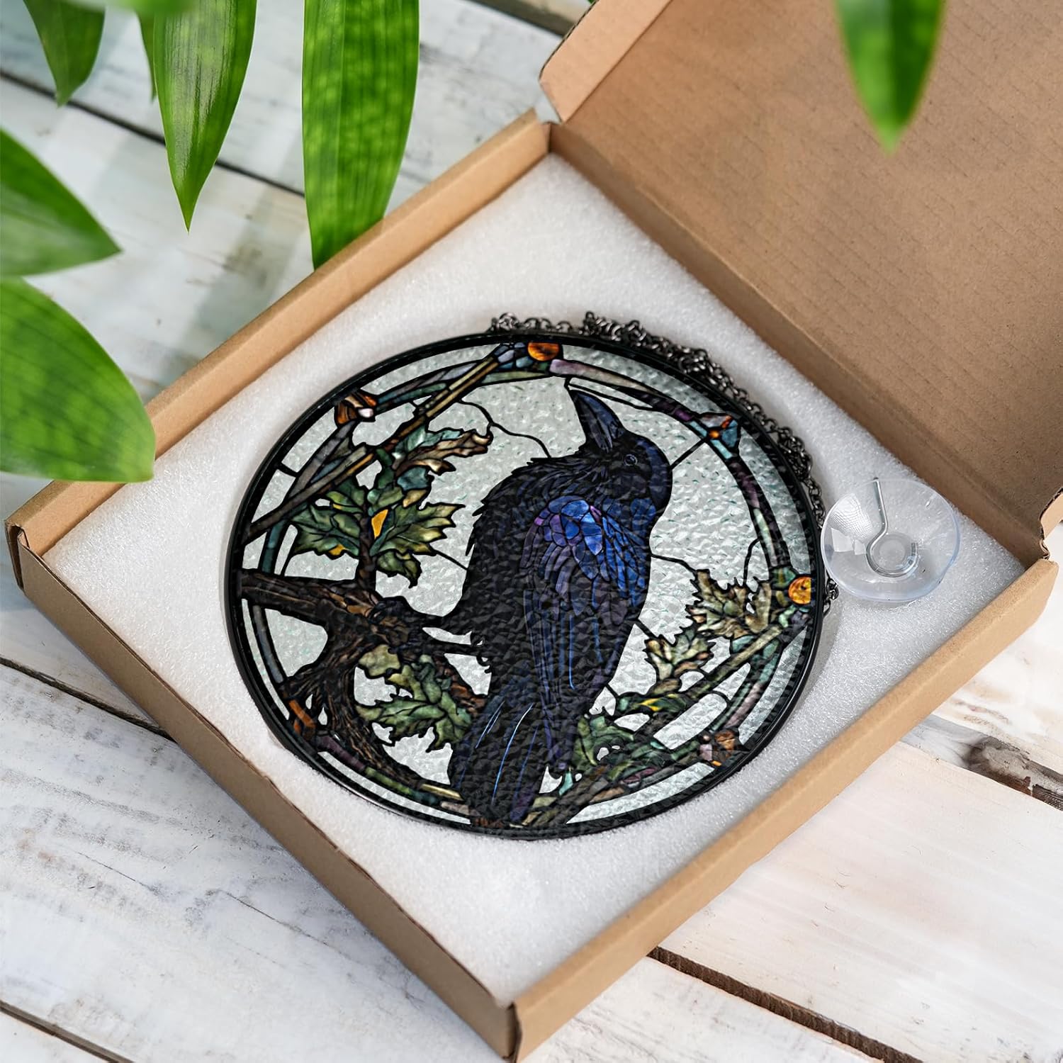 6" Crow Stained Glass Suncatchers Art Glass Ravens for Sun Catcher Indoor Gothic Gifts for Pet Animal Nature Floral Lovers Women Grandma Mom Friend Painted Panel Décor BIRD-04B-SG6 - Image 5