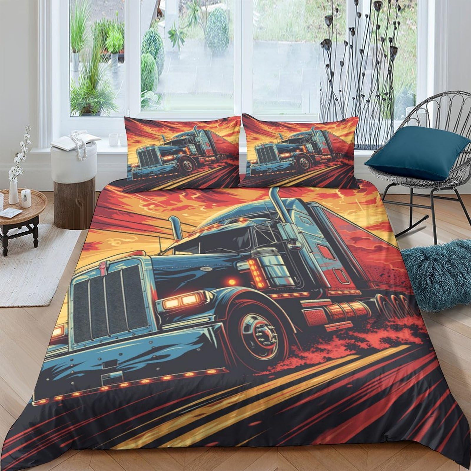 Ctjqhvkz Style-9 3D Printed Truck Road Fitted Sheet Microfiber Soft Breathable Sunset Highway Bed Cover For Bedroom Dorm Decor Single（135X200cm）