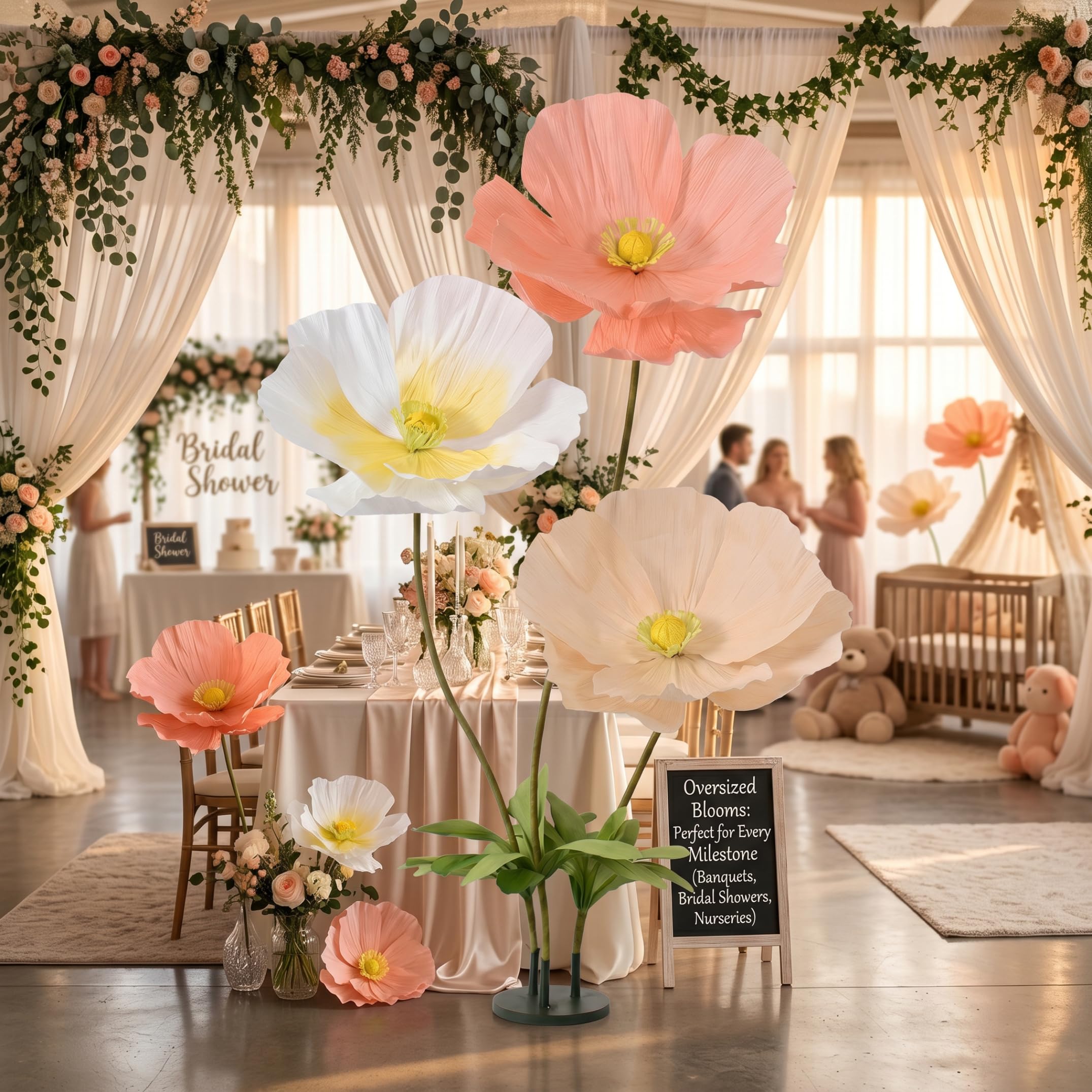 Riesenblumen, Riesenblumen zur Dekoration mit Ständer, künstliche Mohnblumen für Garten, Hotel, Büro, Fotografie-Requisiten, Hochzeit, Kunstgalerie, Schaufensterauslage – 6 Fuß/170 cm