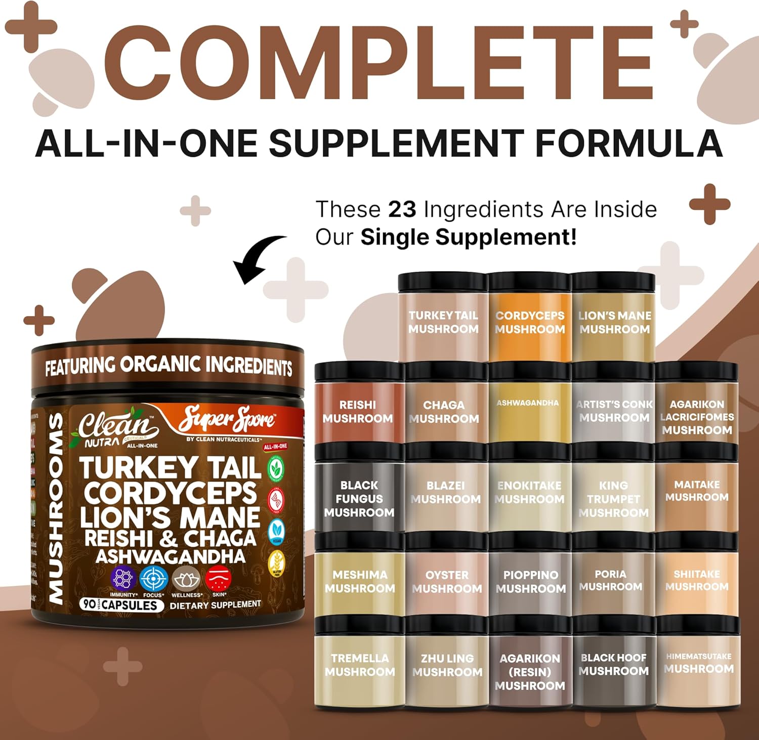 Organic Turkey Tail Mushroom Supplement Capsules | Lions Mane Cordyceps Reishi Chaga + Ashwagandha Stress Relief Nootropic Immunity Adaptogens Mood Support 90 Vegan Capsules by Clean Nutra - Image 2