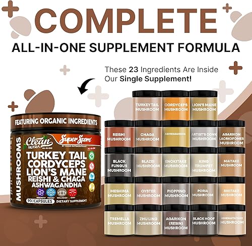 Miniatura 2 de Clean Nutra SuperSpore - Cápsulas de hongos, cola de pavo, cordyceps, melena de león, reishi, chaga, ashwagandha, veganas, sin OMG, sin gluten,