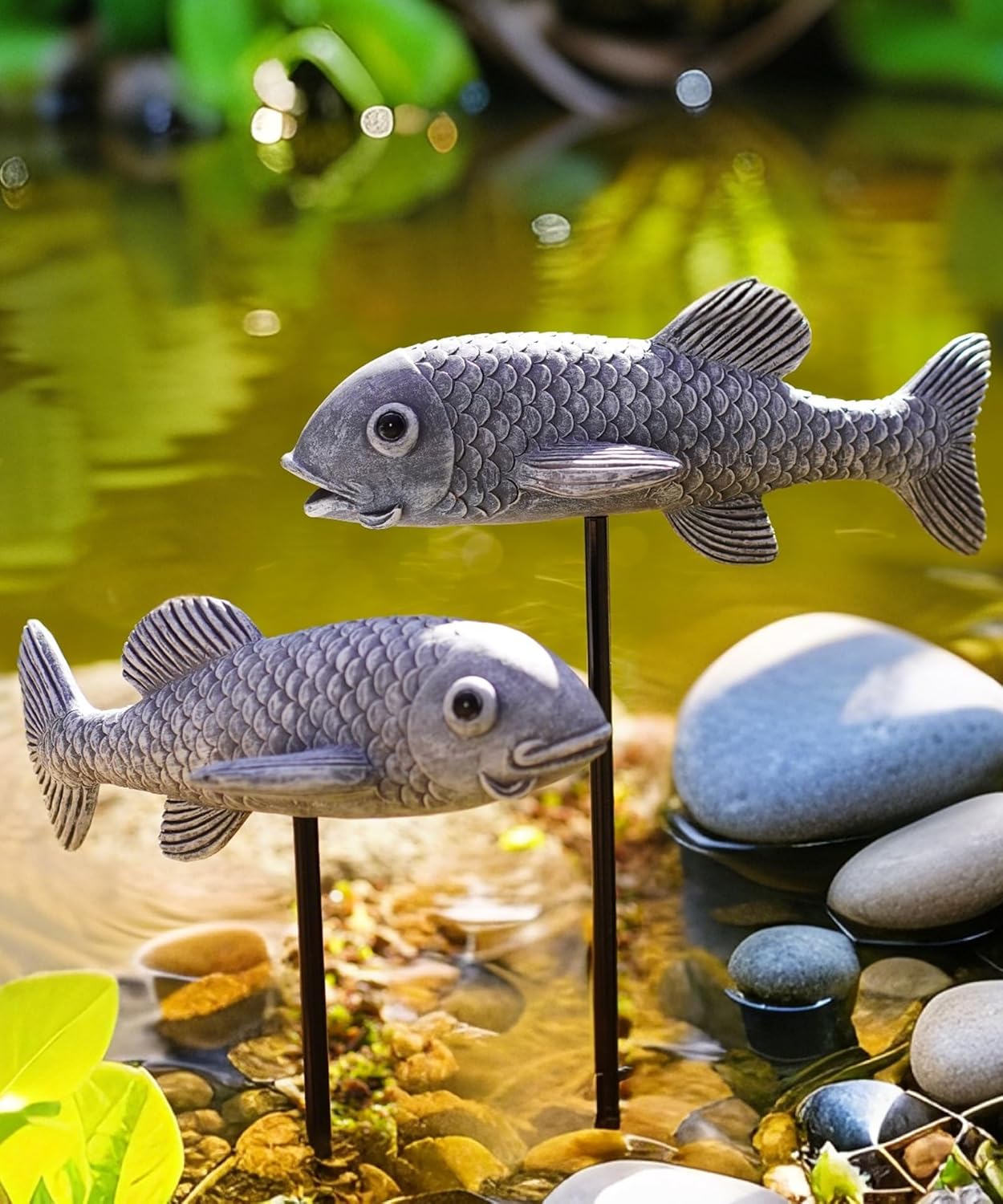 Koi Fish Garden Outdoor Statue: 2 Pack Sculpture for Patio Yard Porch Pond - Gifts for Grandma Women Mom(Grey)