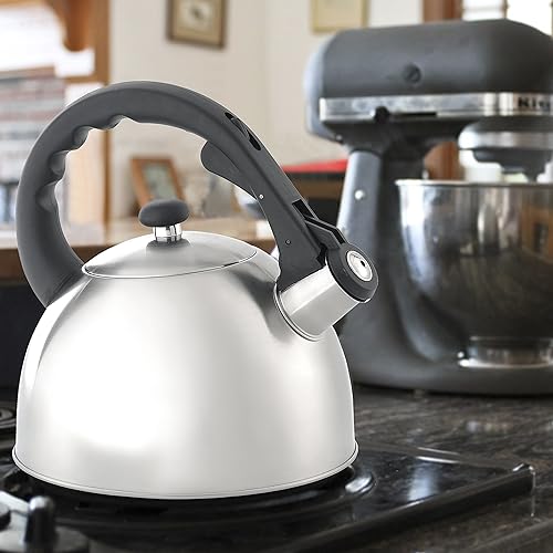 Miniatura 3 de Creative Home Satin Splendor - Hervidor de té silbante de acero inoxidable de 28 cuartos con fondo capsulado de aluminio para una distribución