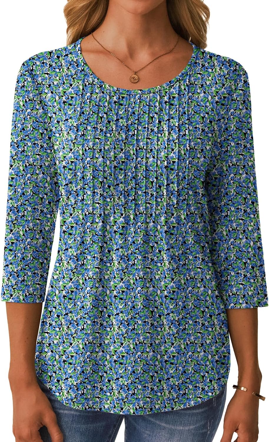 NORACORA 3/4 Length Sleeve Womens Tops Loose Fit Crew Neck Shirts Dressy Casual Pleated Cute Clothes 2026 Summer Tunics