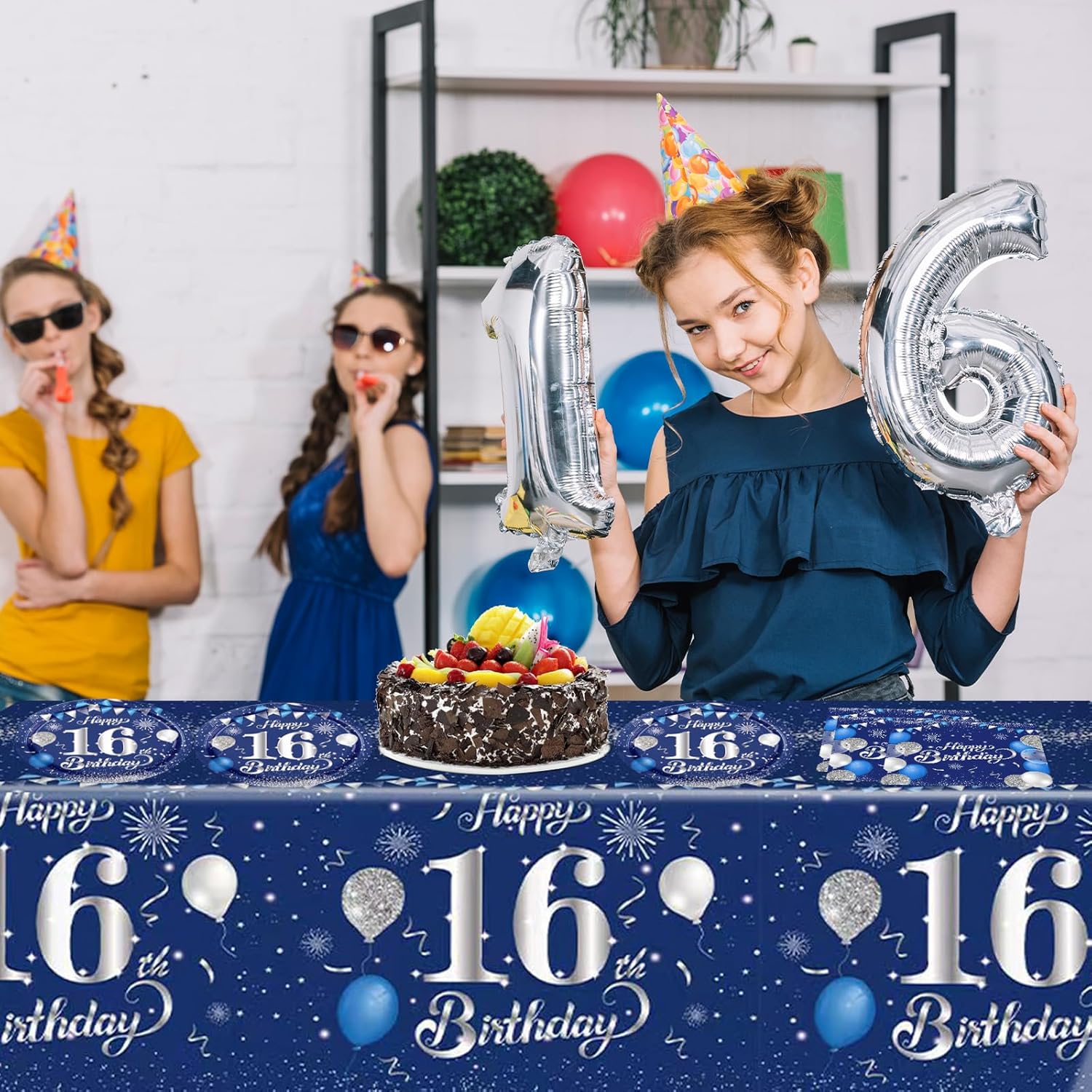 41PCS 16th Birthday Decorations for Boys Navy Blue Silver 16 Years Old Birthday Decorations Sweet 16 Plates Napkins Tablecloth for Boys Girls 16th Birthday Party Supplies - Image 6