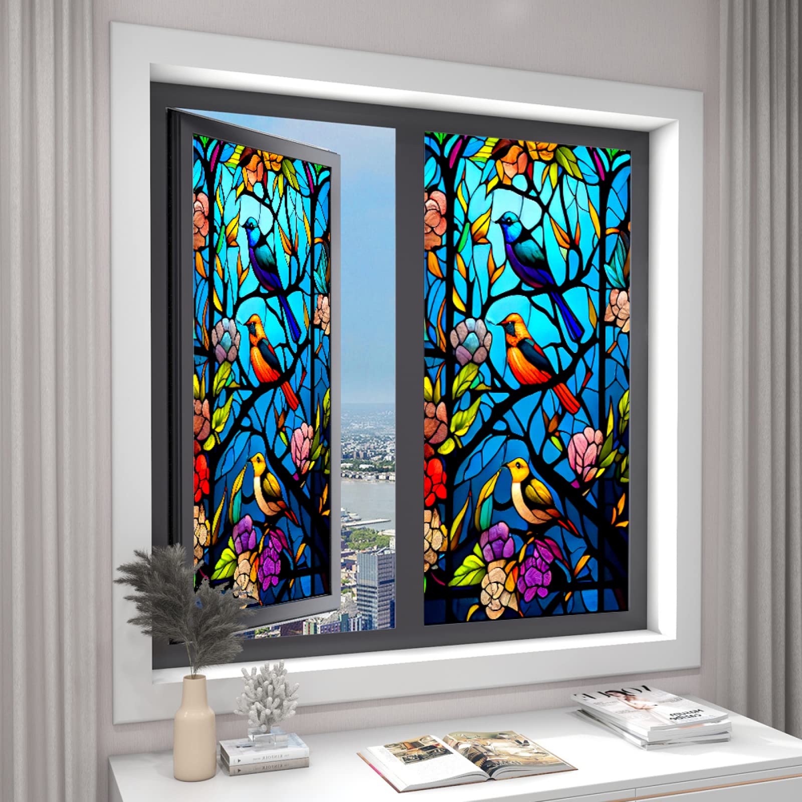 Window Film Privacy Blue Bird Privacy Film For Glass Windows,Blackout Window Film Self-Adhesive,Window Frosting Film For Home Office Bathroom Bedroom,Opaque Window Film
