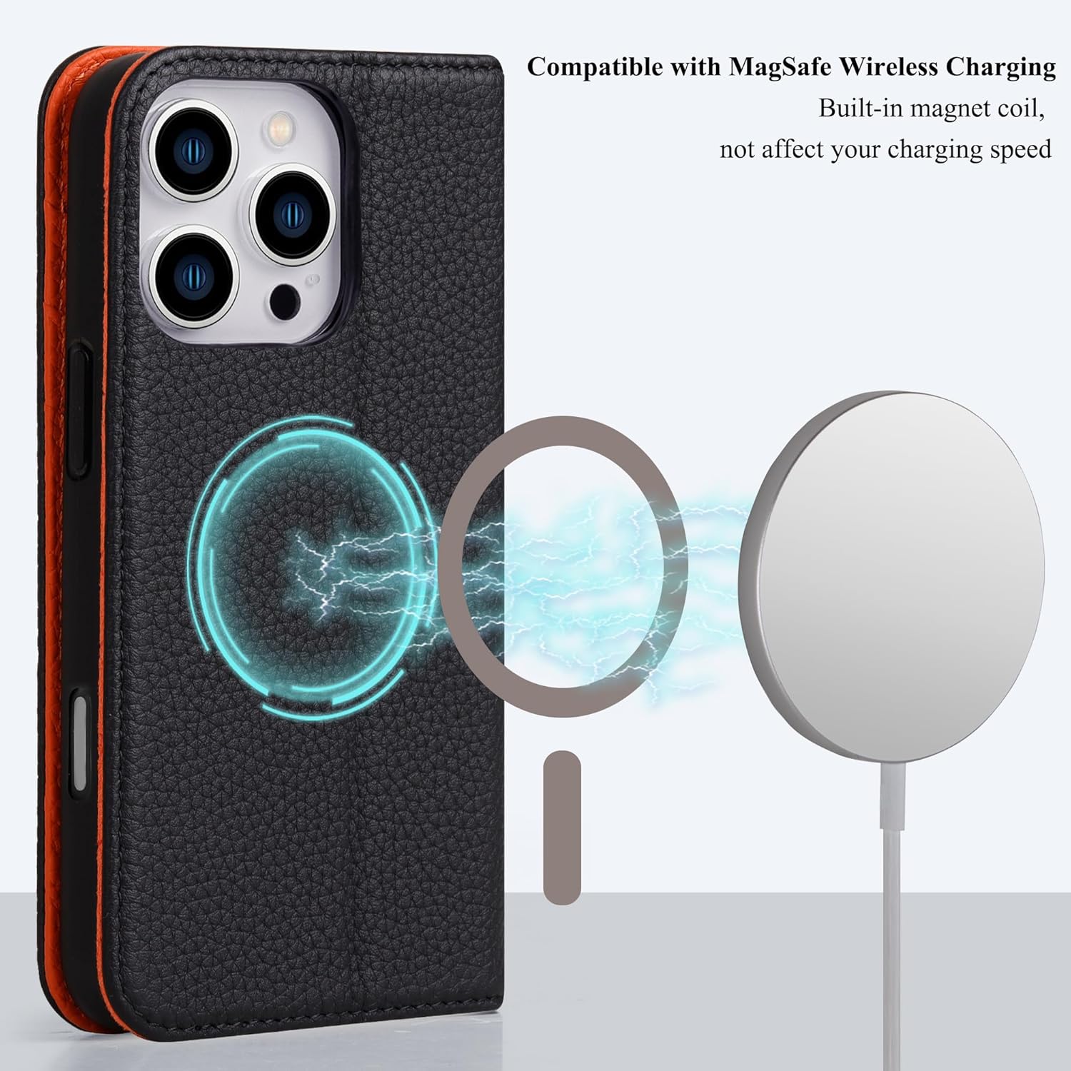 VISOUL Wallet Case for iPhone 16 Pro Max, Pebbled Genuine Leather Folio Case with Card Holder Kickstand Flip Cover Designed for iPhone 16 Pro Max(6.9 inch)-Black+Orange - Image 2