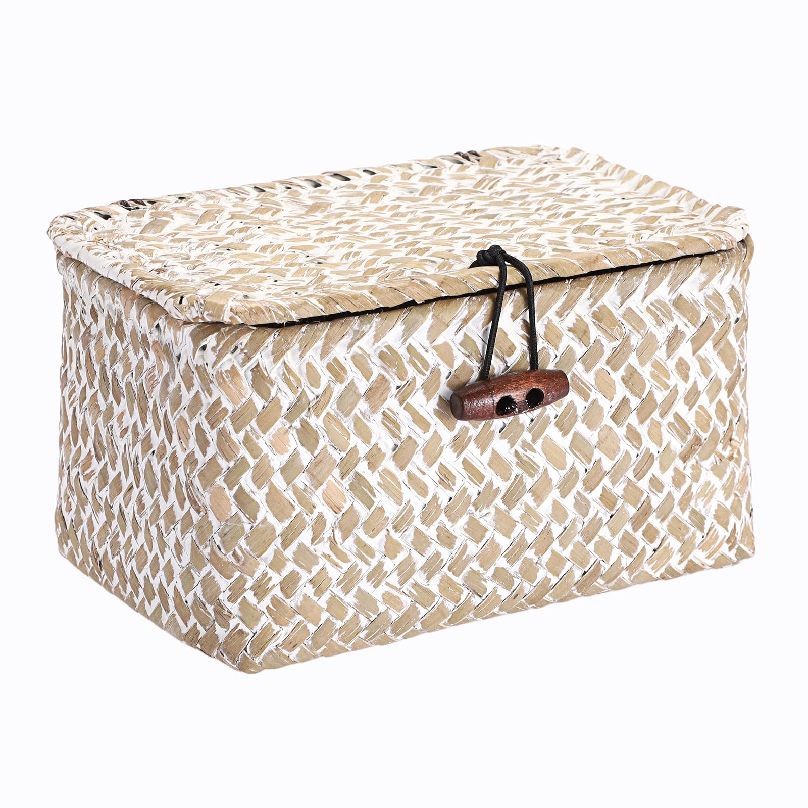 IGNPION Small Seagrass Desk Storage Basket with Lid, Wicker Entryway Keys Storage Basket, Farmhouse Decorative Shelf Box, Multipurpose for Craft, Paper Clip, Hair Ties（Washwhite）