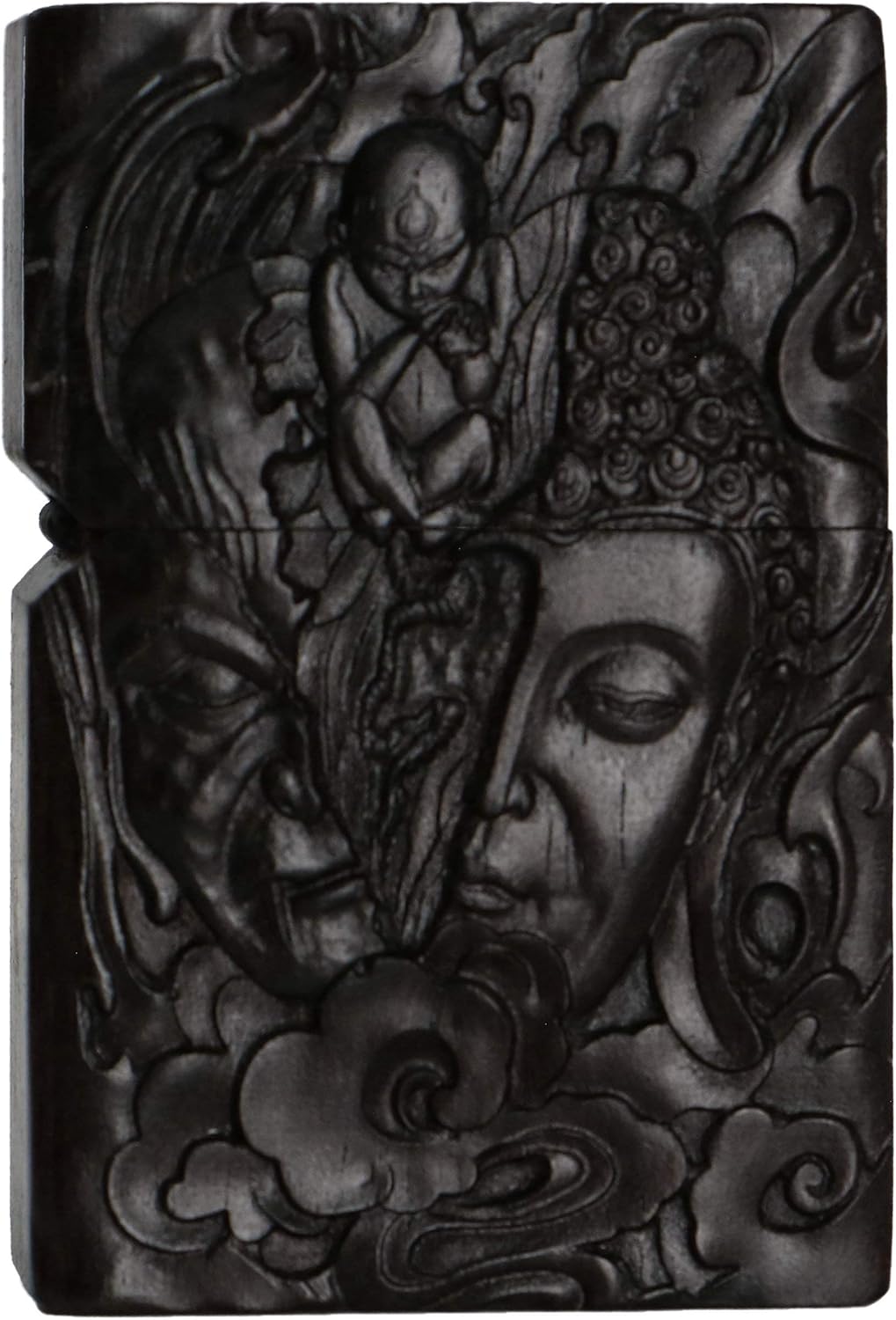 Natural Ebony Black Wood Carved Lighter Shell Box For Zippo Module (Half Buddha &Devil Face)