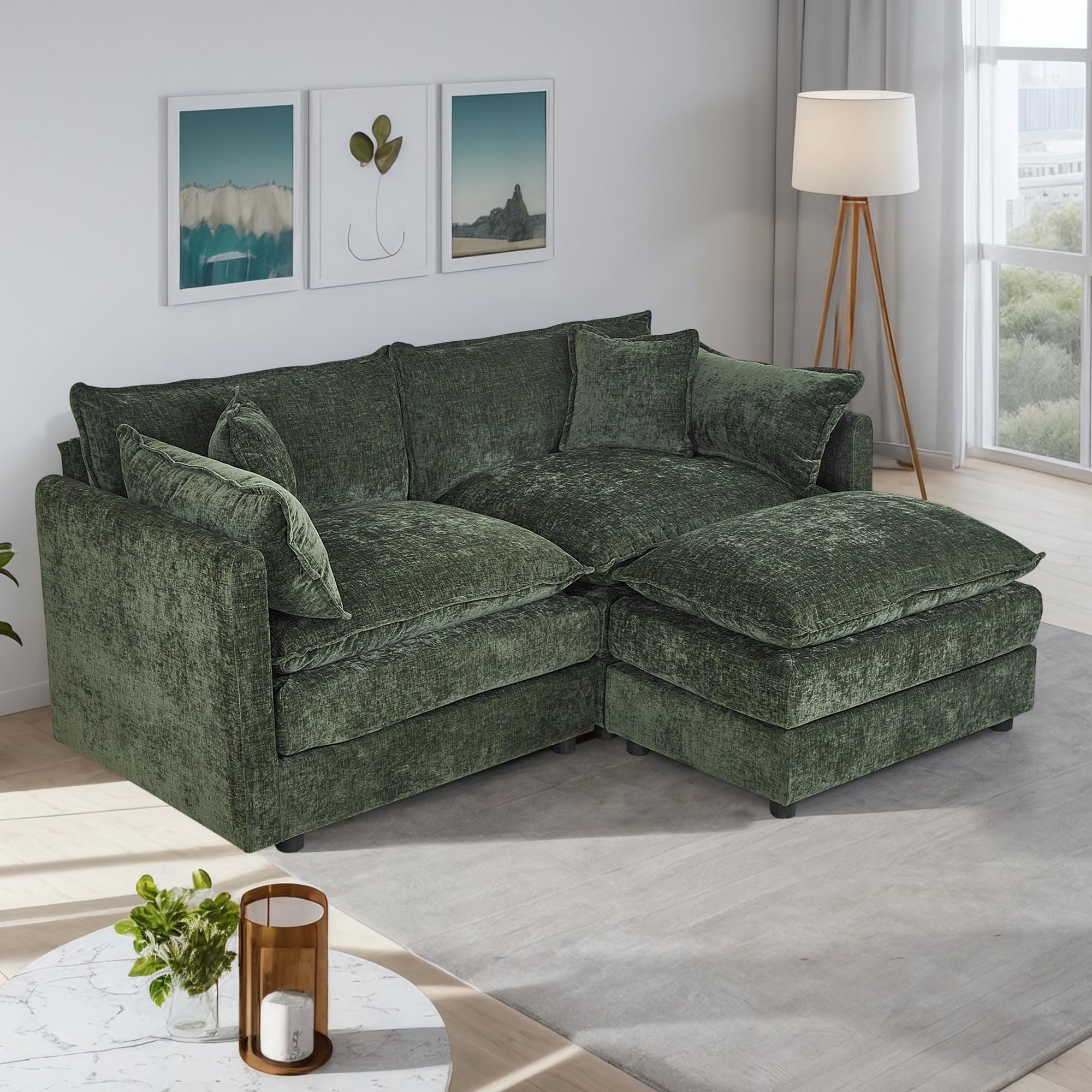 Setawix Deep Loveseat Couch with Ottoman,Large L-Shaped 2 Seater Cloud Couches for Living Room,77.16" Chenille Cloud Sofas with Deep Seat,Modular