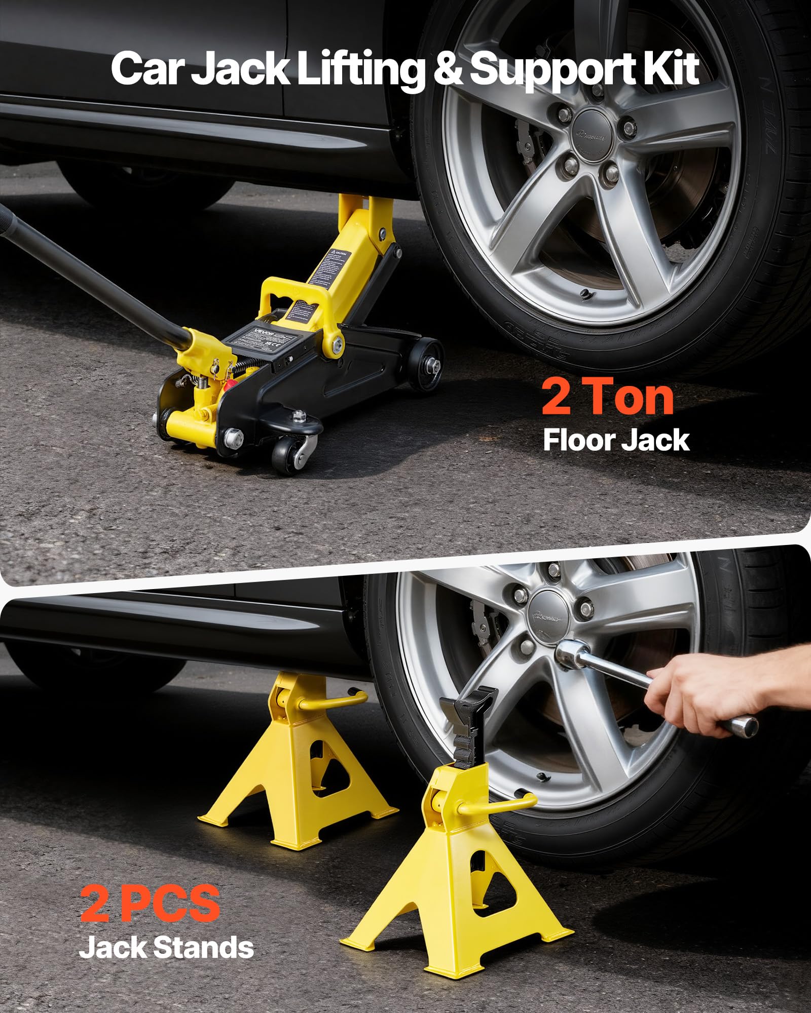 VEVOR Cric Hydraulique à Profil Bas Capacité 2 T, Cric Rouleur en Acier avec Chandelles, Plage de Levage 13-31 cm, avec Pompe de Levage Rapide à Piston Unique, pour Lever SUV, Entretien Auto