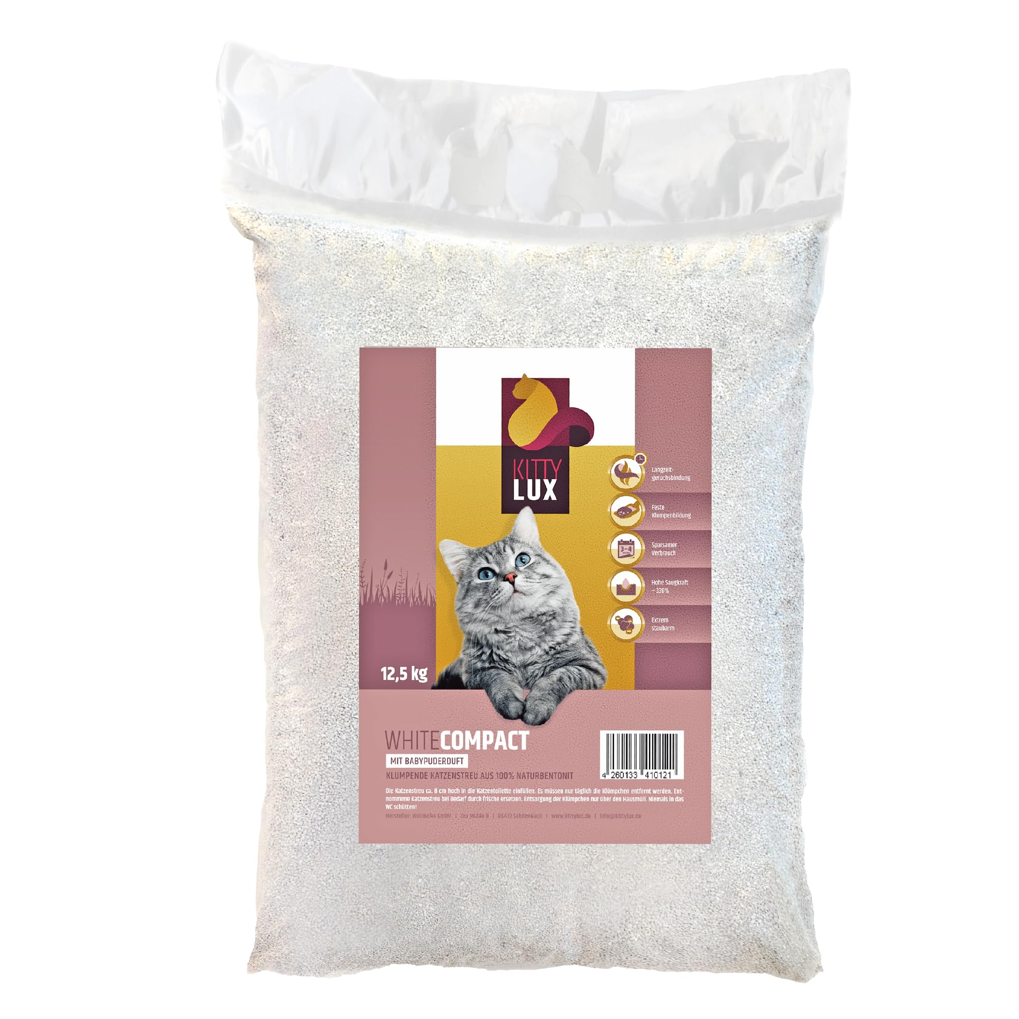 klumpende Katzenstreu White Compact 12,5kg mit Babypuderduft für Sensible Katzen, Klumpstreu 100% Naturbentonit, Feste Klumpenbildung, schnelle Geruchsbindung, geringer Verbrauch