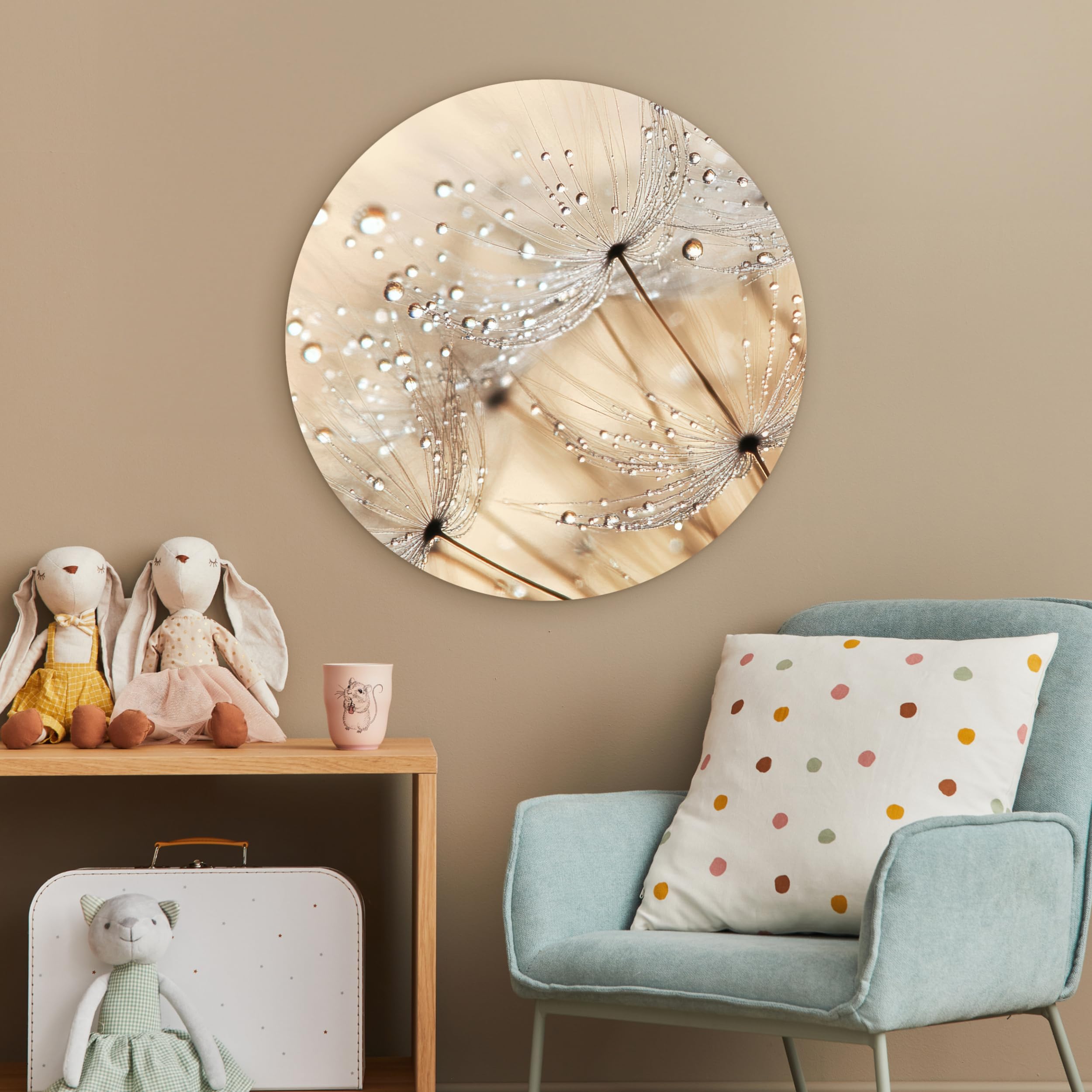 MuchoWow© Cuadro Redondo Ø60 cm Árbol El Grandes Room Decor Terraza Exterior Casa Cabecero Cama Wall Art Dormitorio Habitación Dimensiones Diente de león - Abstracto - Naturaleza - Beige