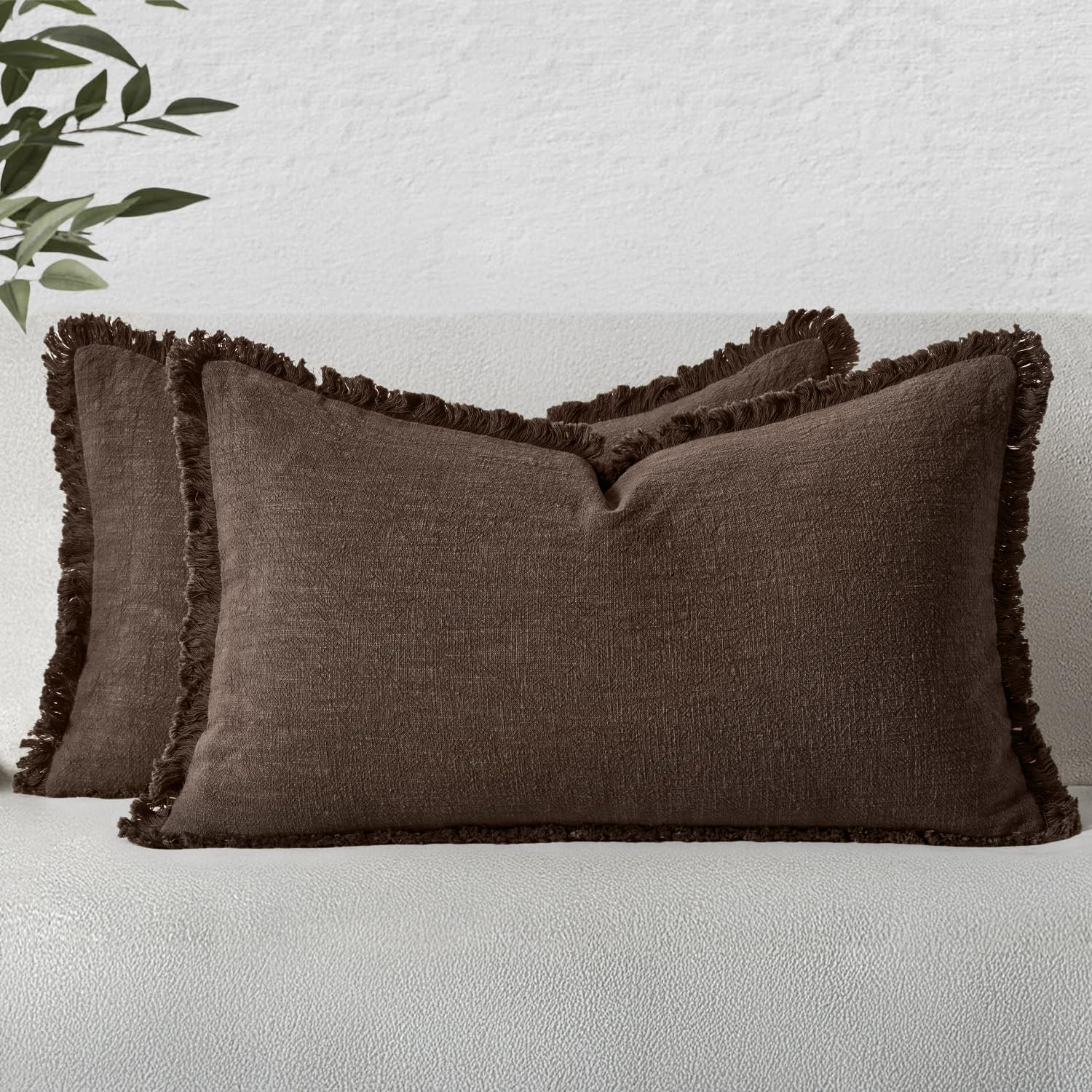MIULEE Boho Linen Fringe Decorative Fall Pillow Covers Reddish Brown 12x20