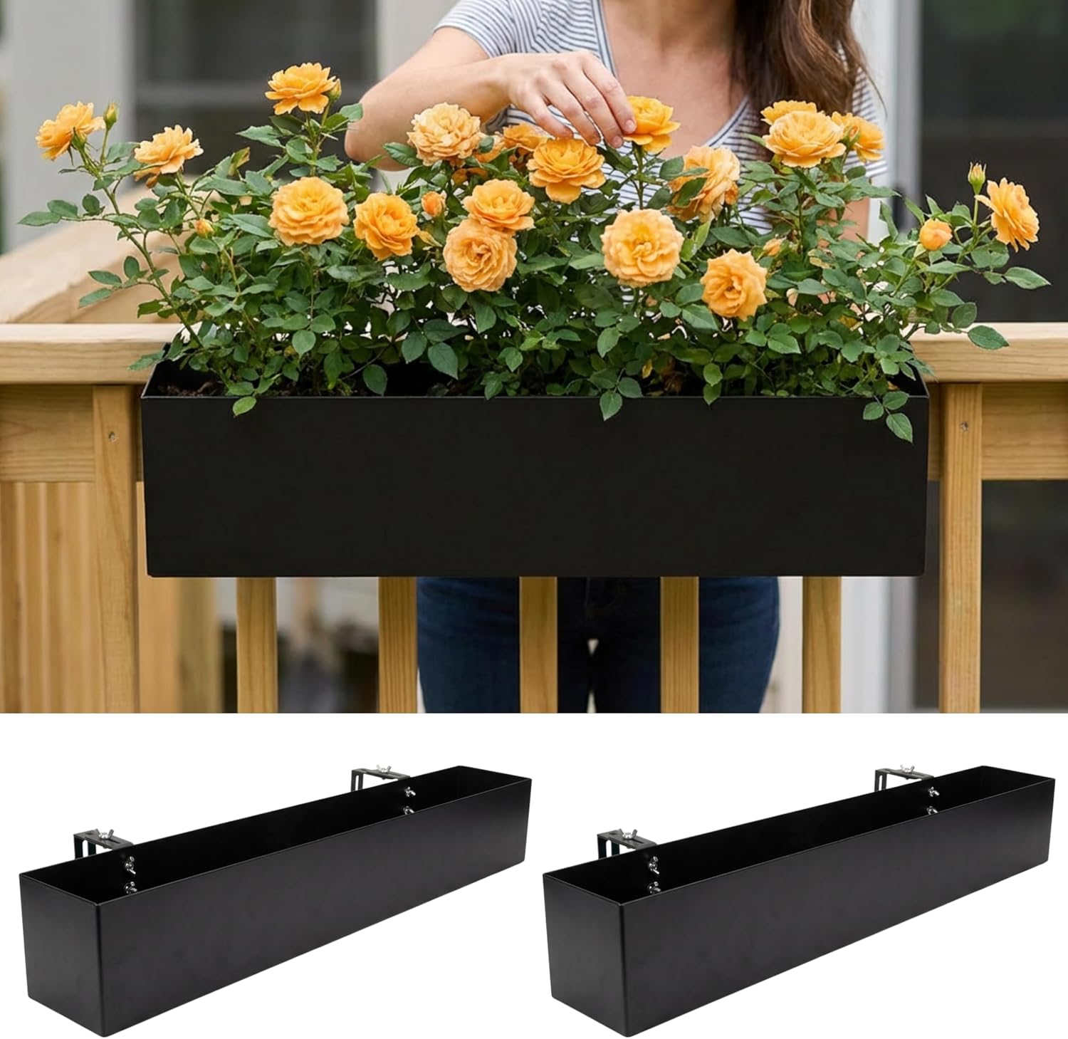 LaLaGreen Railing Planter Box (30 Inch, 2 Pack) Large Black Metal Rectangular Hanging Flower Boxes with Brackets, Planters for Outdoor Deck Railings Fence Balcony Patio Porch Over Rail Garden Decor