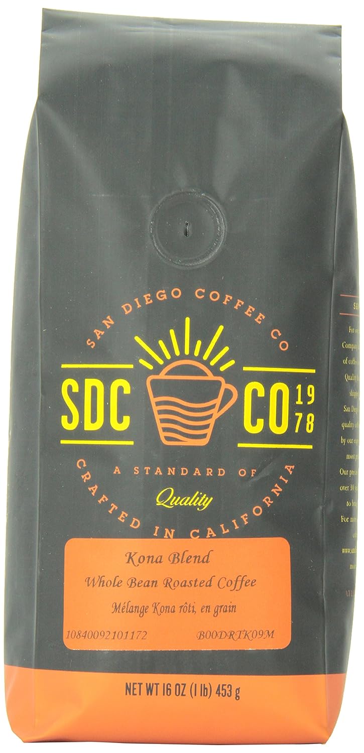 San Diego Coffee Whole Bean Roasted Coffee, Kona Blend, 16 Ounce Grocery