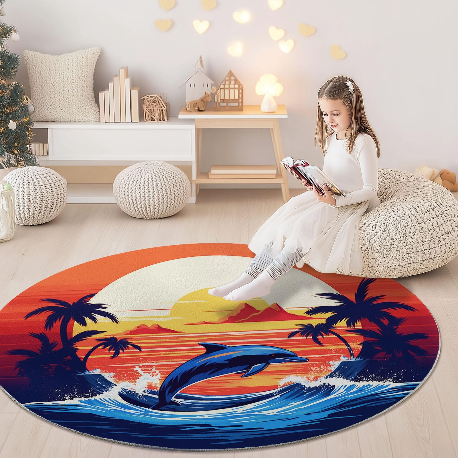 Tappeto Rotondo da 120 cm a Pelo Corto, con Motivo di Delfini e Tramonto, Antiscivolo e Senza Perdita di Pelo. Adatto per Soggiorno, Camera da Letto, cameretta dei Bambini, Ufficio