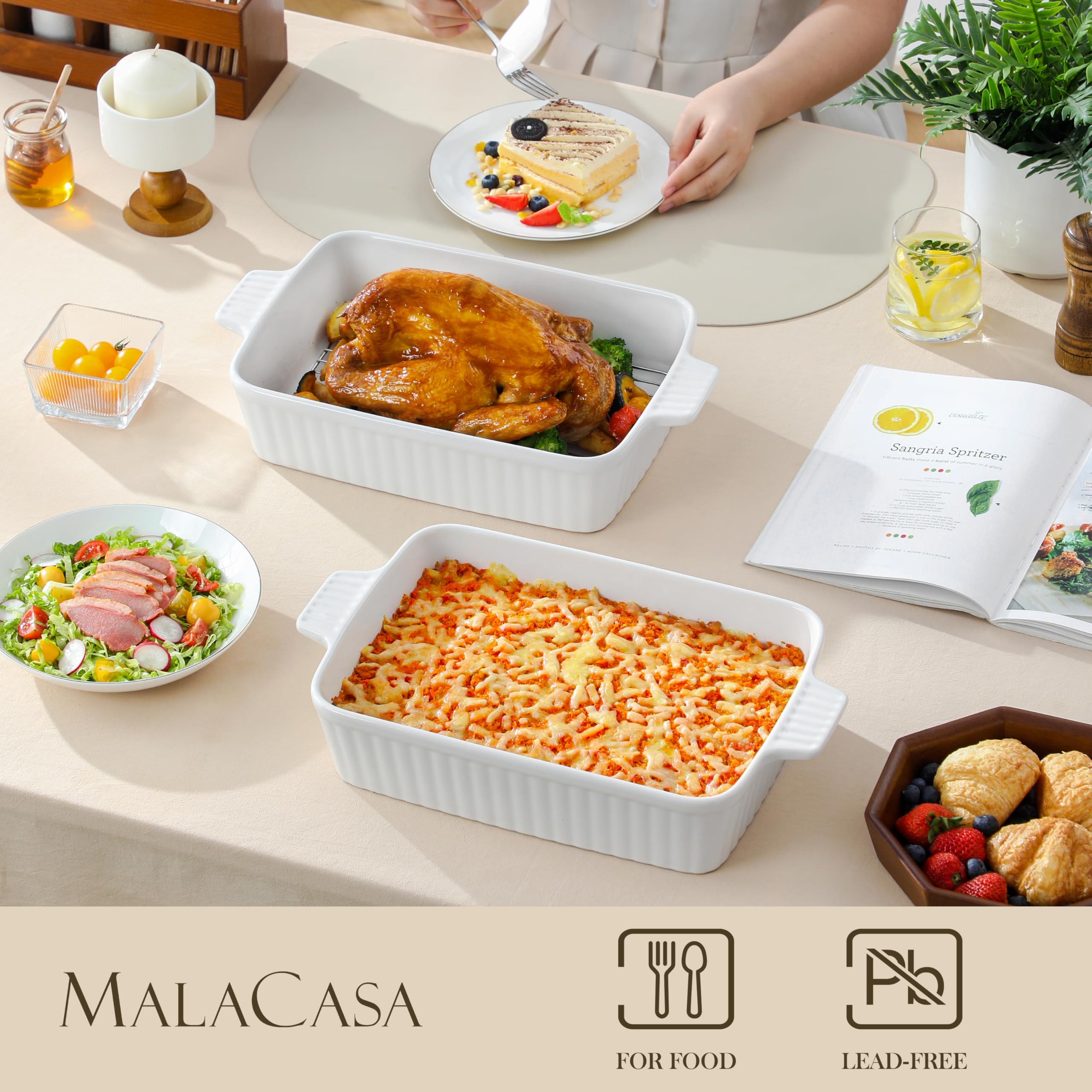 MALACASA Série BAKE, Plat à Four Rectangulaire en Porcelaine avec Grille 4200ml, Grand Plat de Cuisson avec Poignées pour Gratins et Casseroles, Compatible Lave-vaisselle, Blanc