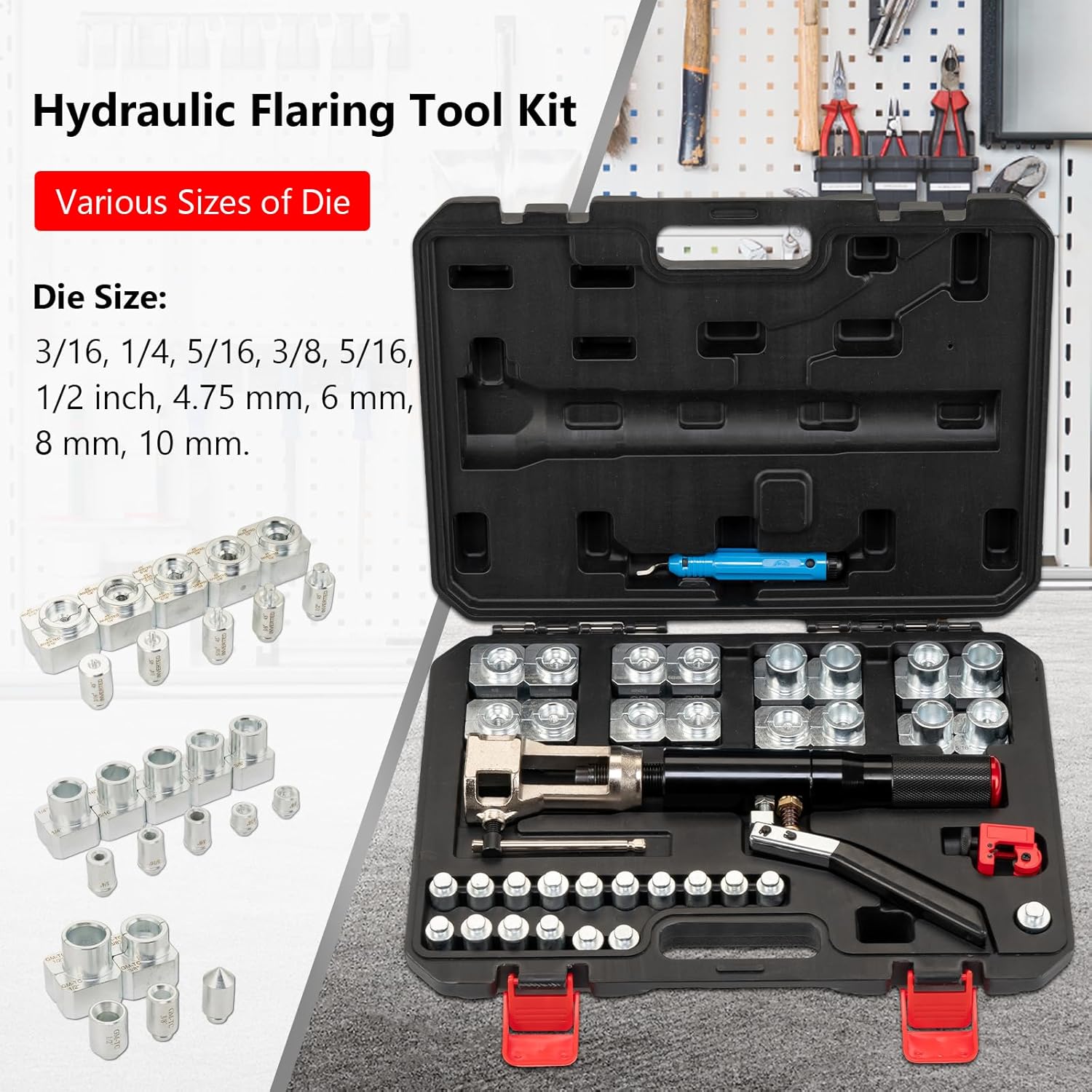 Hydraulic Flaring Tool Kits, 45° Double Flaring Tools, 33PCS Flaring Dies, Brake Repair Brake Flaring Tool for 3/16"-1/2", with Tube Cutter and Deburrer, for Copper Line, Steel Pipe Automotive Repair
