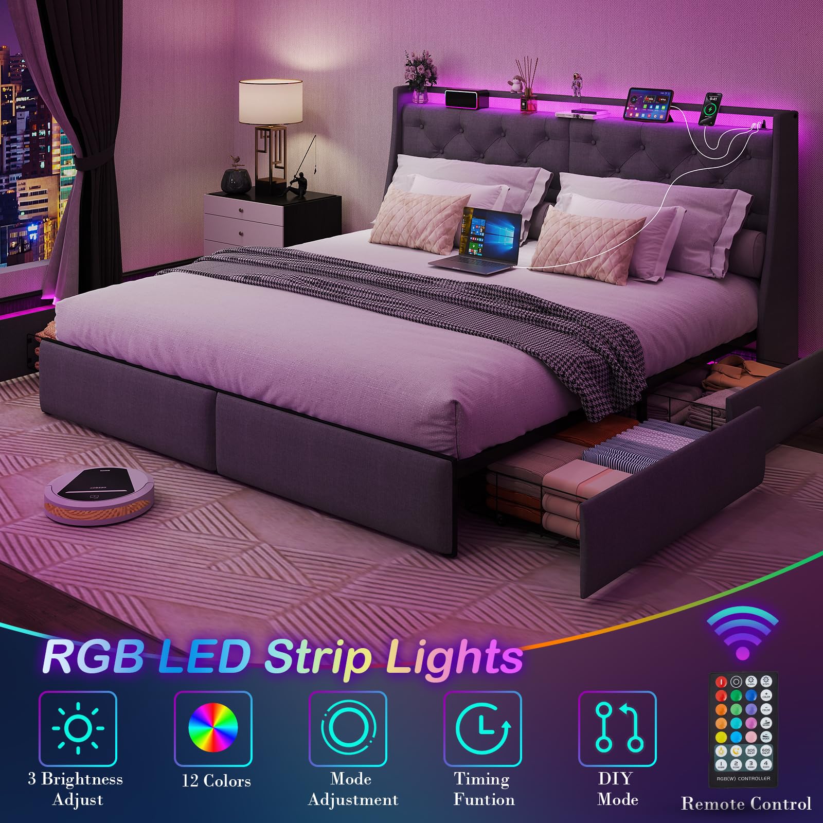 Queen Bed Frame with 2 Storage Drawers, Platform Bed Frame Queen Size with LED Light, Upholstered Headboard, Charging Station, Steel Slat Support, No Box Spring Needed, Noise-Free, Easy Assembly, Gray: King Button Tuffed & 4 Drawers