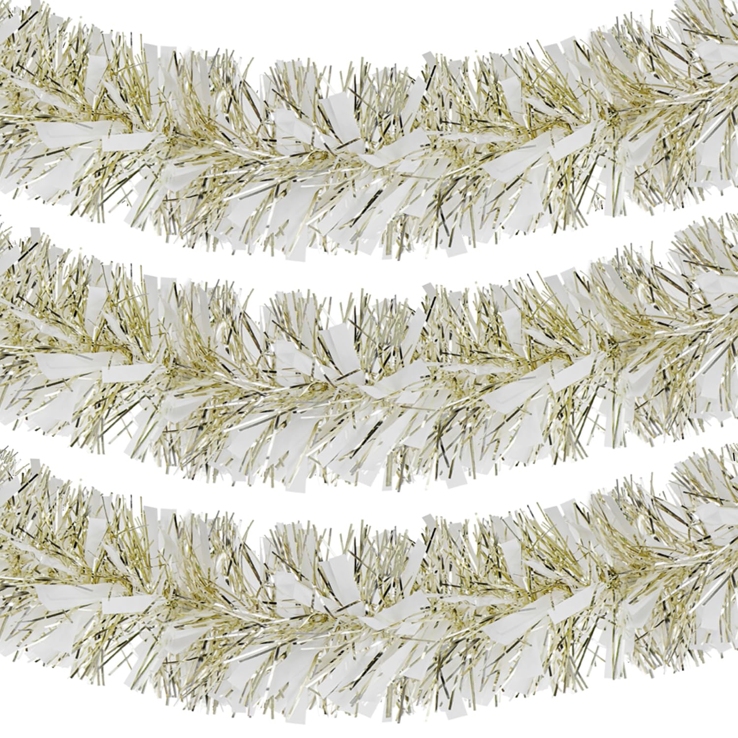 Champagne White Christmas Tinsel Garland, 10m/32.8ft Chunky/Fine Christmas Tree Hanging Tinsel Decoration Metallic Tinsel Xmas Decoration for Wall Fireplace Xmas Tree Decor (Champagne White)