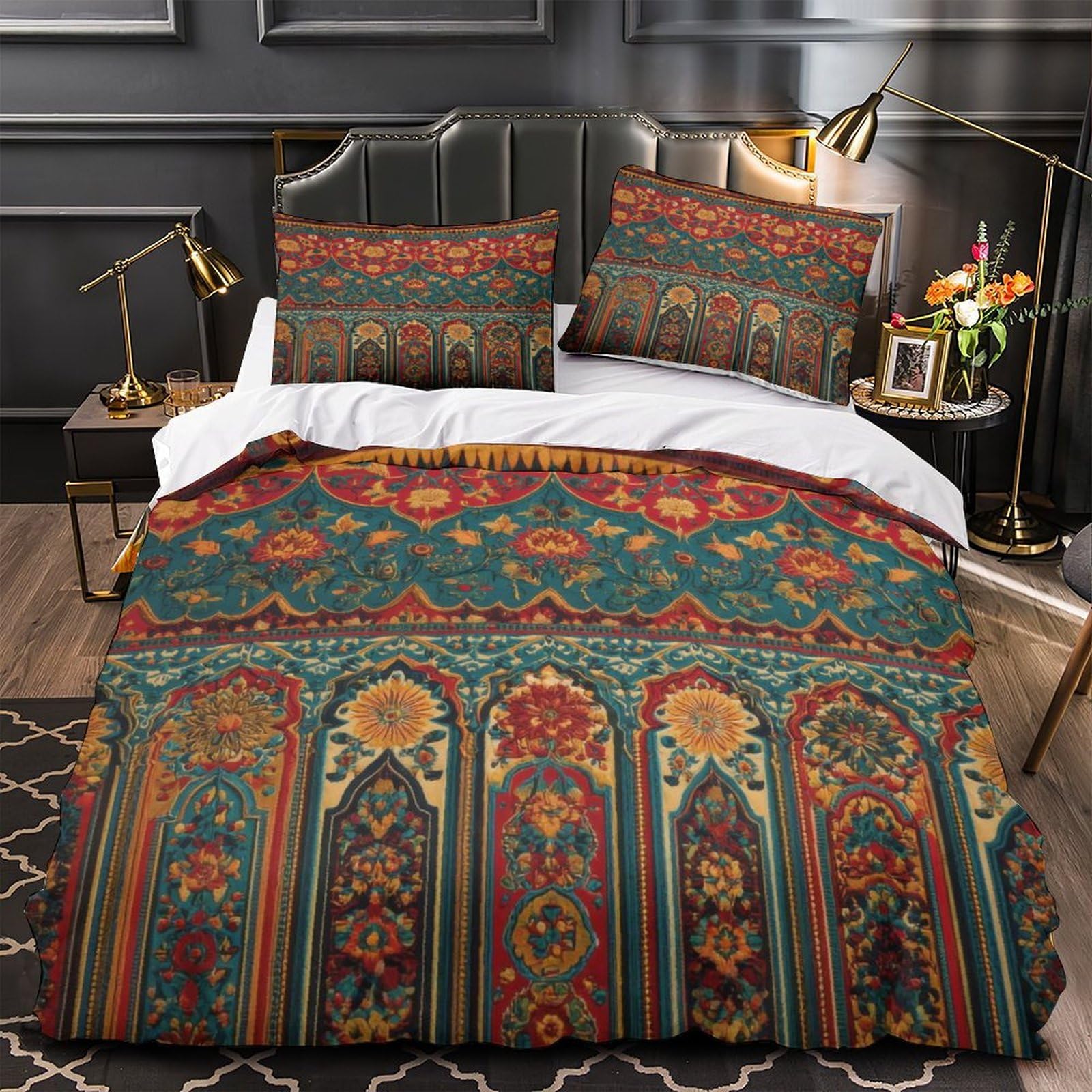 Housse de couette King 220x240 baroque fleurie en microfibre douce et hypoallergénique