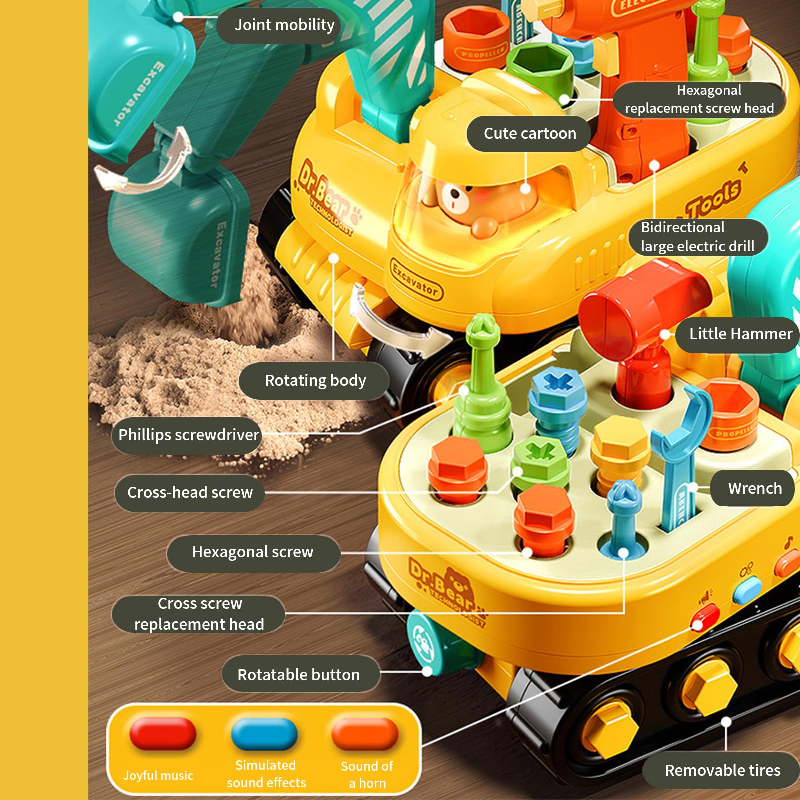 Pelleteuse Enfant, Bricolage Engin de Chantier Enfant avec LED éclairage & Musique, DIY Educatif Montessori Creatif Tracteur Jouet, Etabli avec Visseuse Perceuse Outilsenfant Cadeau Garcon 4 ans