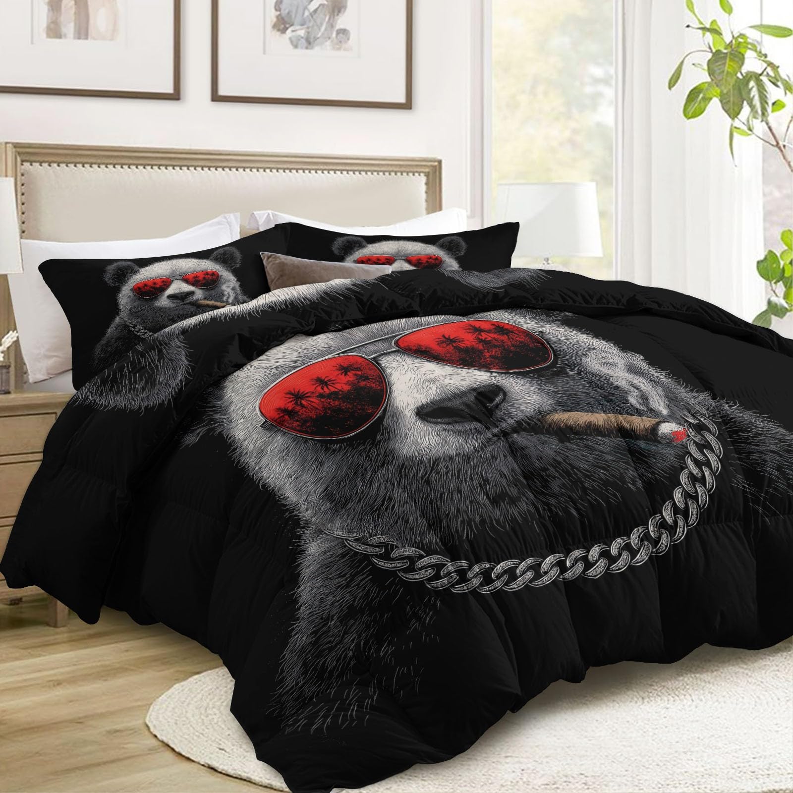 Kołdra bez poszewki 135 x 200 cm, na 4 pory roku – czarno-biała panda, okulary przeciwsłoneczne pilotów, pikowana, vintage, pop-art, oddychająca, nadająca się do prania, dla mężczyzn, chłopców i
