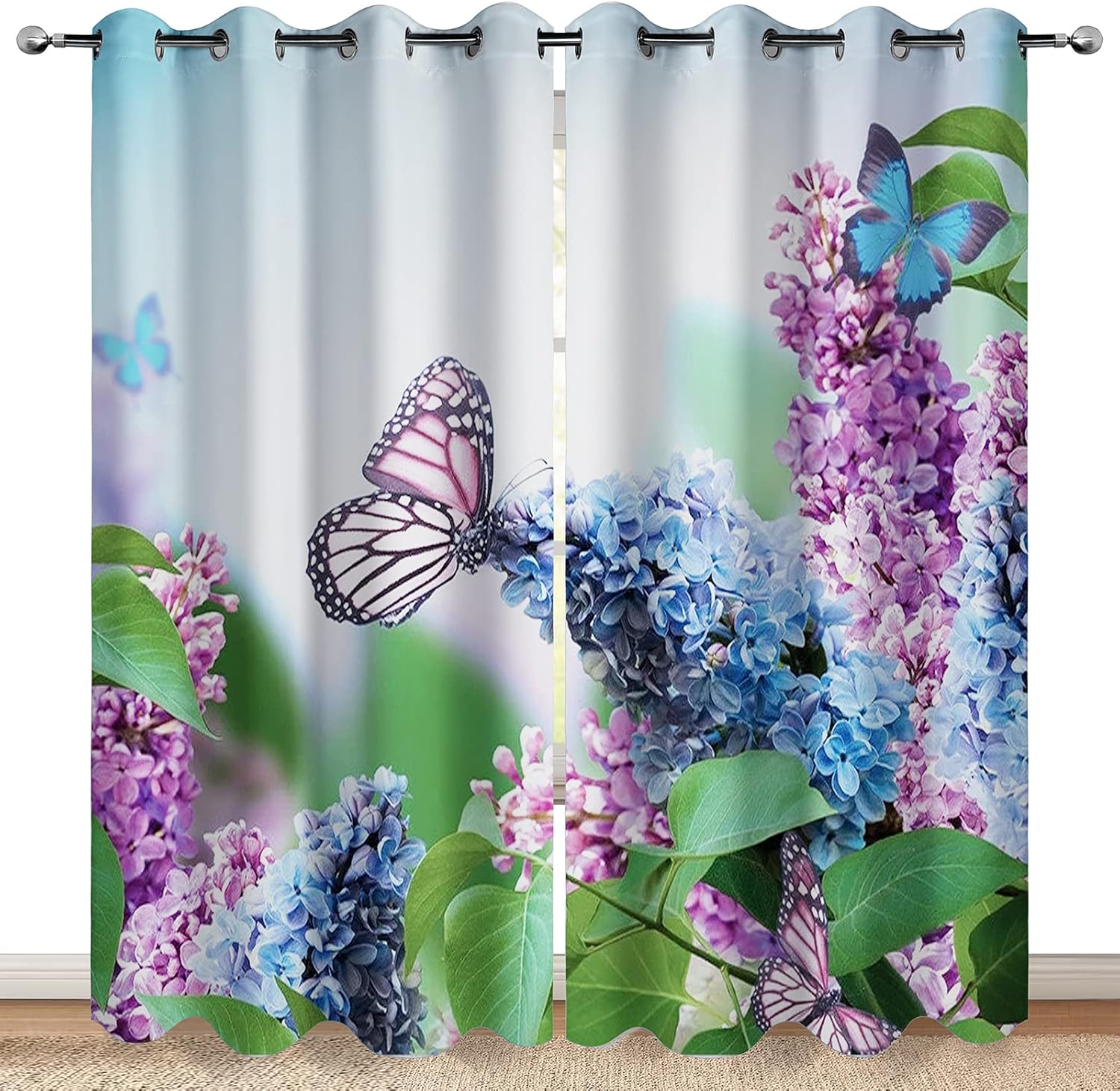 HAOHE Flowers Butterfly Floral Blackout Curtains Blue