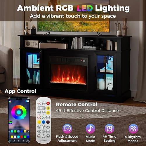Miniatura 4 de COSTWAY Soporte eléctrico para TV con chimenea para televisores de hasta 65 pulgadas con luces LED, controles remotos, estantes ajustables,