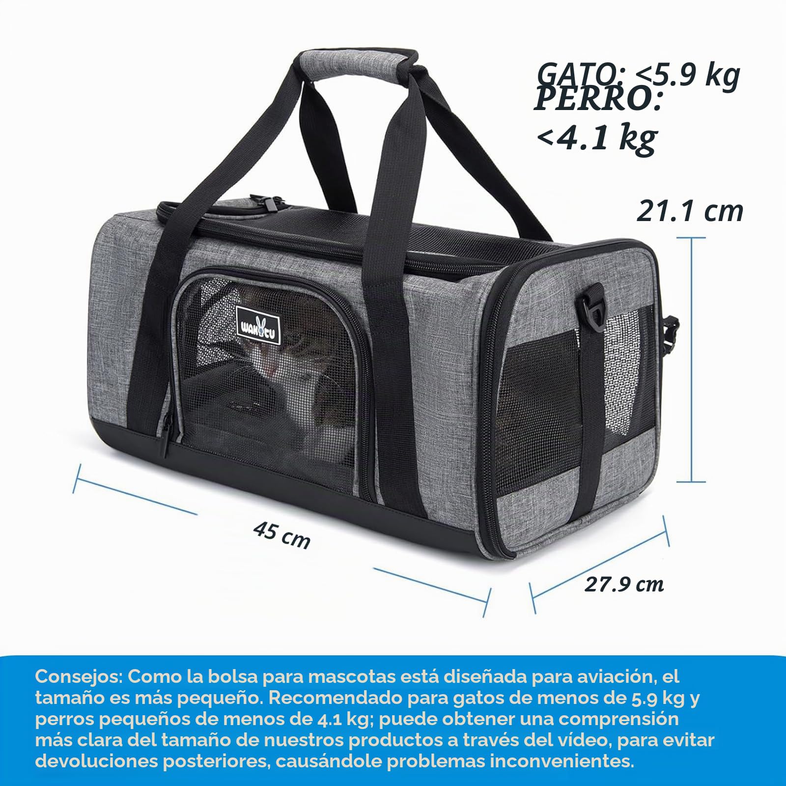 Wakytu Transportador de Mascotas Aprobado por la TSA para Gatos y Perros pequeños y medianos, Bolsa de Viaje para Perros con ventilación Adecuada, 5 Ventanas de Malla, 3 entradas, Cremalleras de