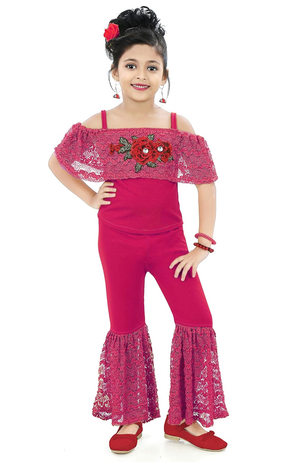 Chandrika Kids Floral Appliqué Top and Pant Set for Girls Mustard