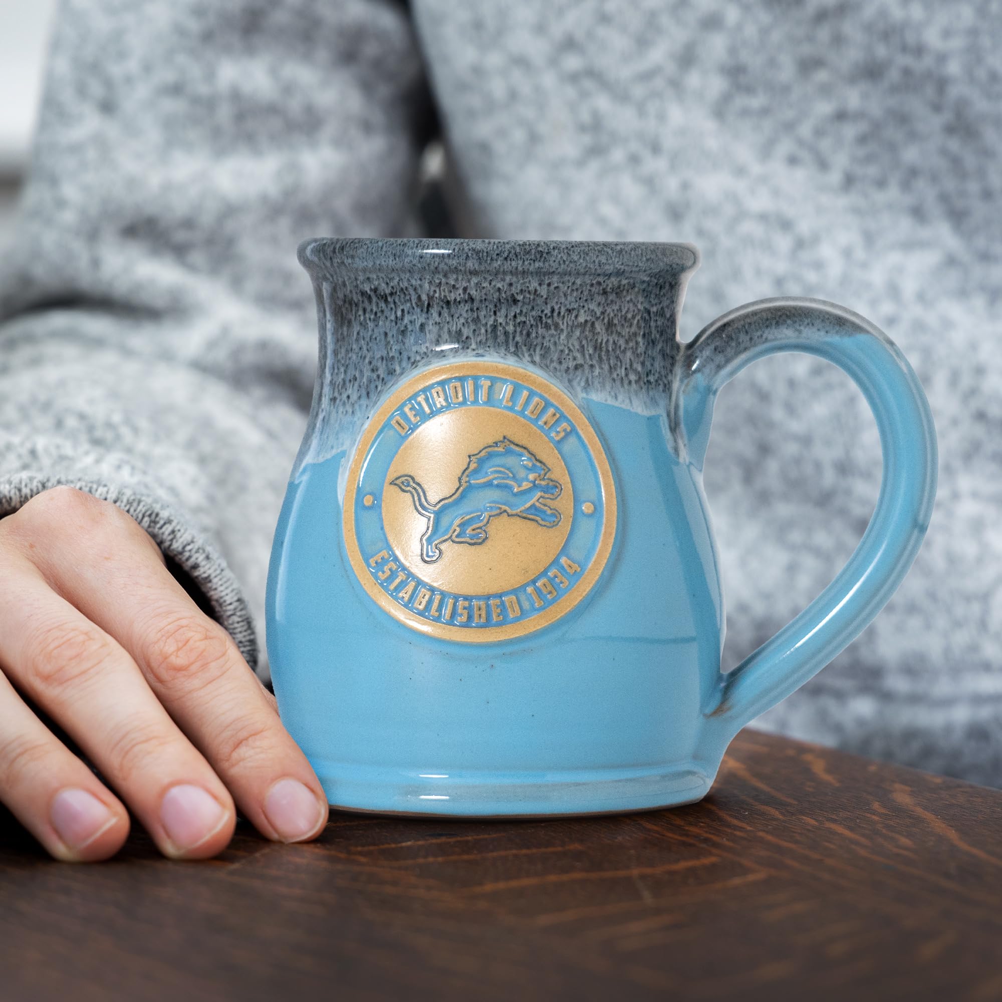 Greater Distance NFL Football Detroit Lions 14 oz Two-Tone Tall Belly Mug, Handmade Large Ceramic Coffee Mug With Team Logo for True Fans, Premium Deneen Pottery Made in USA