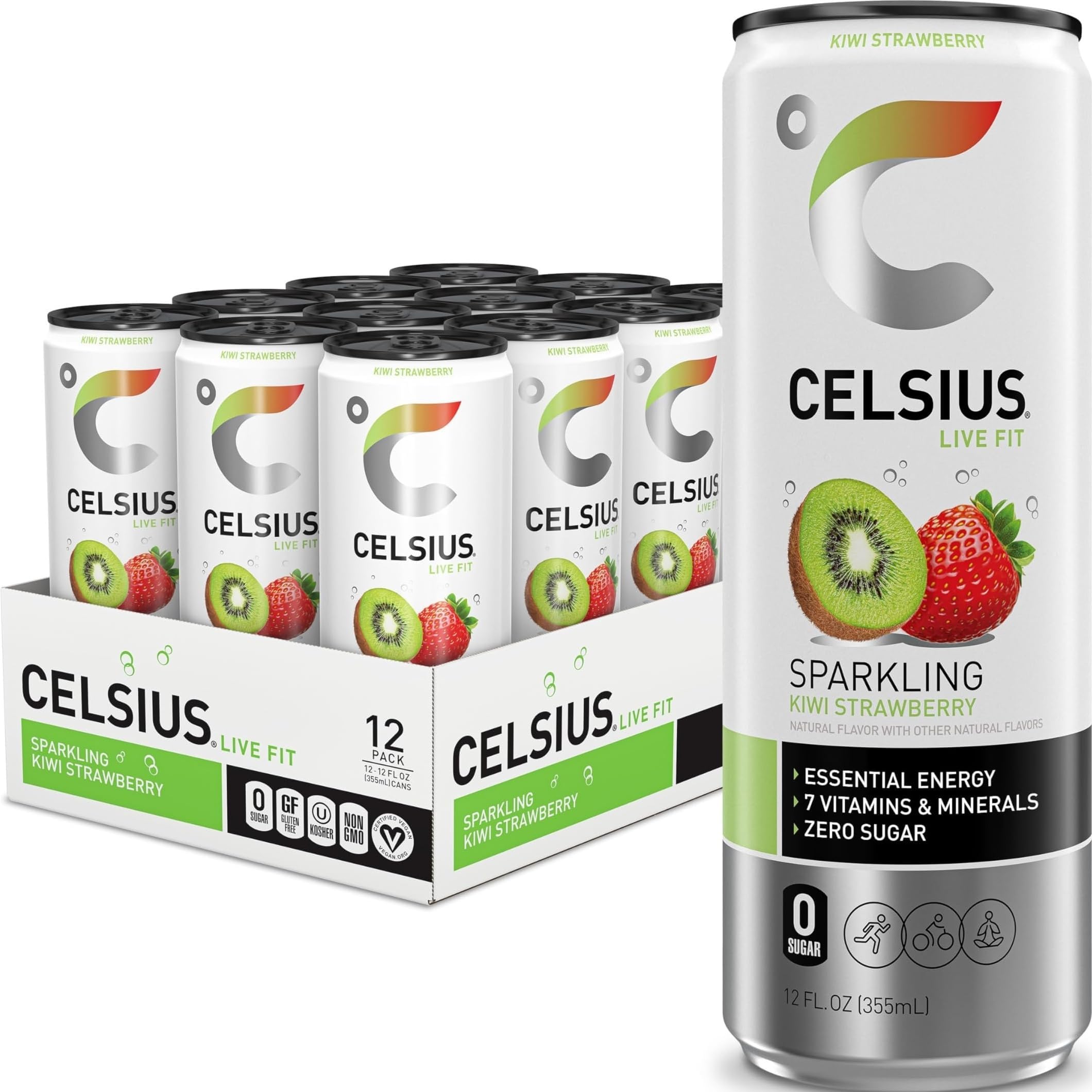 CELSIUS Sparkling Kiwi Strawberry, Sugar Free Energy Drink, 12 Fl Oz (Pack of 12)