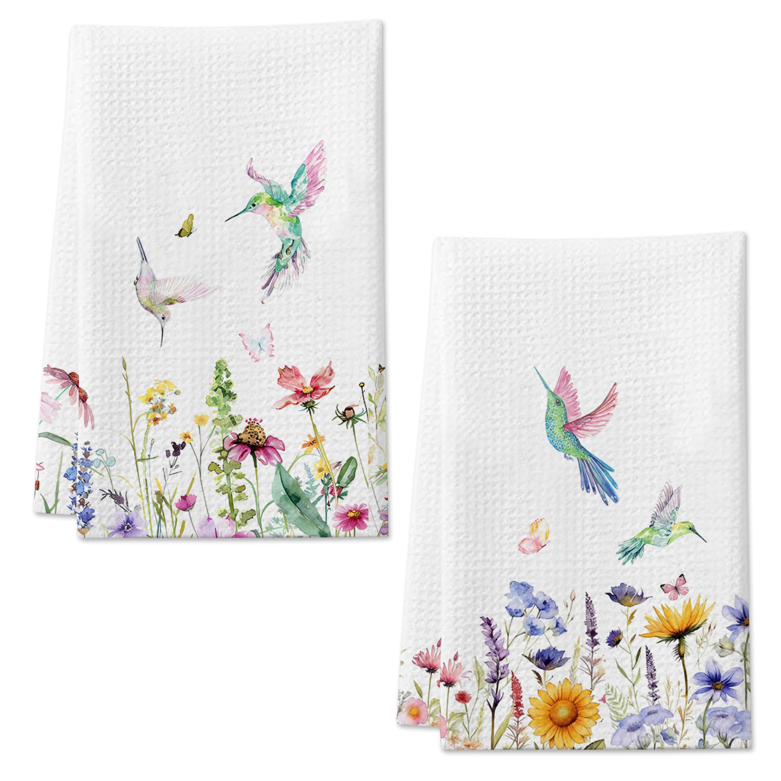 DETIHO Juego de 2 toallas de cocina, suaves y absorbentes, para cocina, paños decorativos florales para secar platos, regalos de colibrí para mujeres, toallas reutilizables y de secado rápido (B09