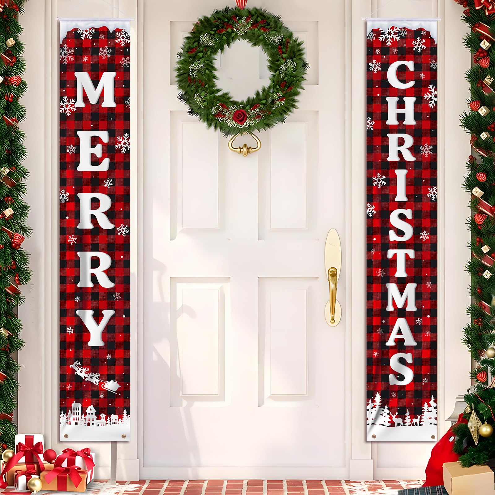 GEBETTER 2Pcs Pancartas Decoración Navidad Puerta Entrada Merry Christmas Bandera Navideña Pared Cartel Tela Banner Colgante Exterior Interior Adorno Hogar Casa 180 * 30 cm (Cuadros Rojos y Negros)